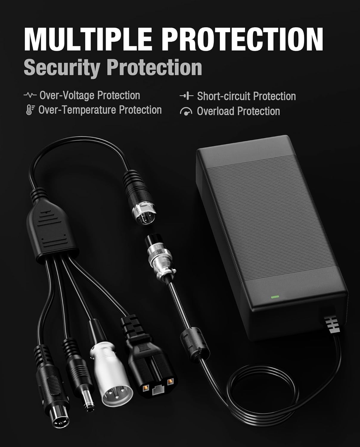 Diagram illustrating the multiple protection features of the STIO charger: Over-Voltage, Over-Temperature, Short-circuit, and Overload Protection