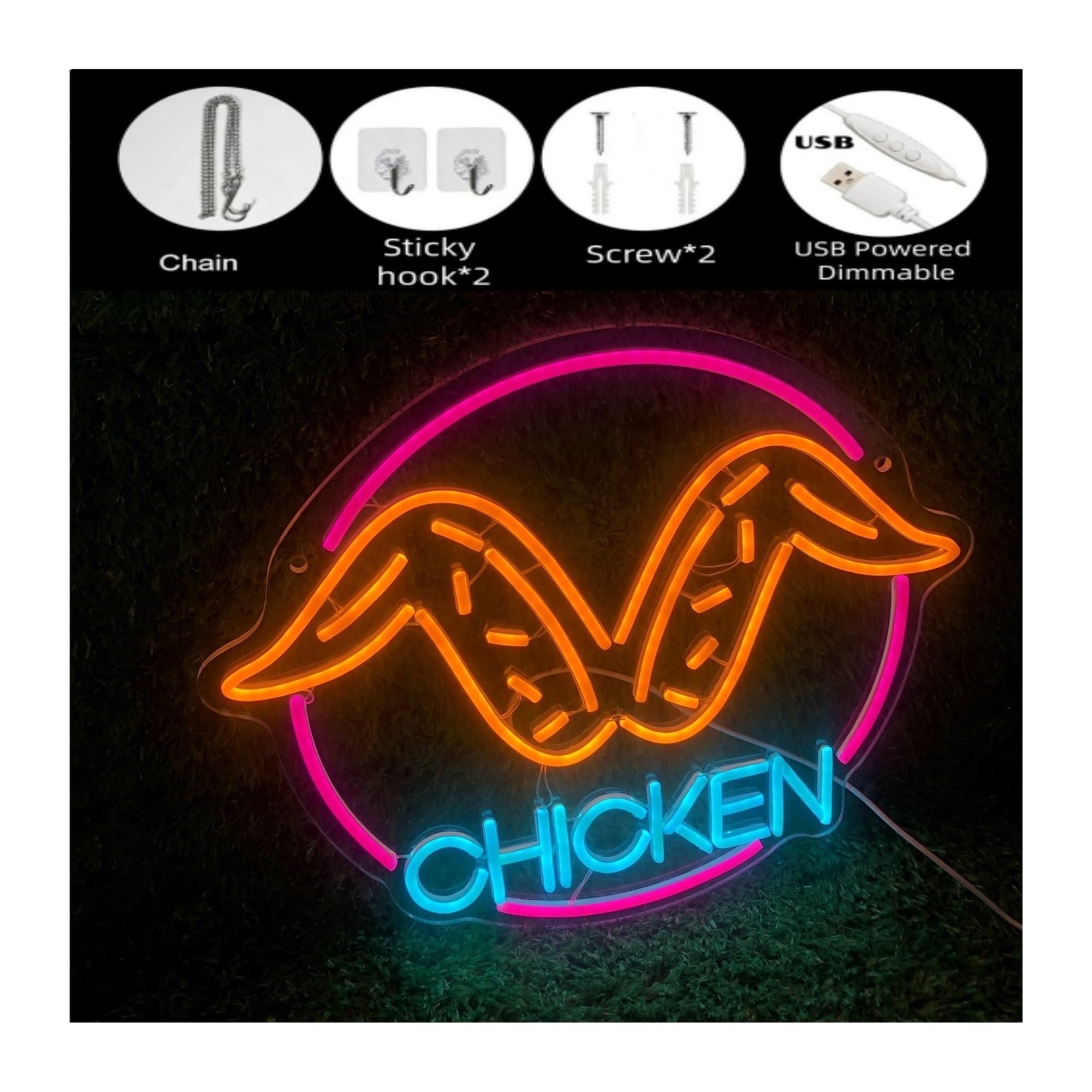 Insegna al Neon Ali Di Pollo Fritte, Insegna Al Neon, Lampade A Per Modelli Di Cibo, Decorazioni Per Feste Di Famiglia, Ristorante, Cucina,45x39cm(E)