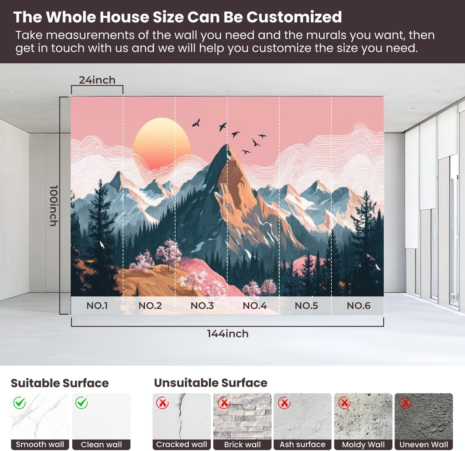 Peel and Stick Wallpaper Wall Murals Mountains Forests Sun Clouds Green Pink Aesthetic Nature Mountain Self Adhesive Removable Canvas Wall Stickers for Living Room Kids Bedroom 100''x144''