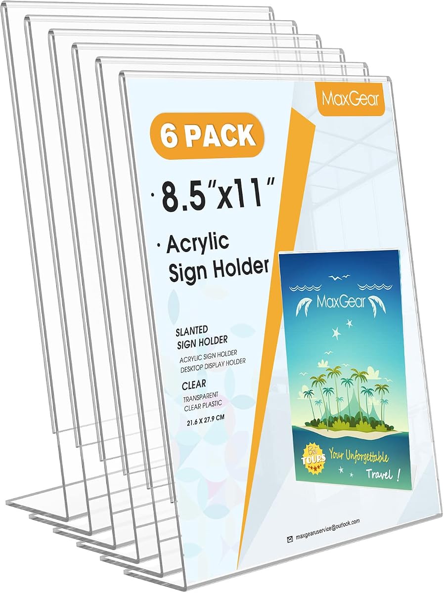 MaxGear Acrylic Sign Holder, 8.5 x 11 L-Shape Plastic Display Stand, 6 Pack | Clear Acrylic Material, L-Shape Design for Menus, Flyers and Signs, Easy Paper Insertion, Use In Office, Home, Store