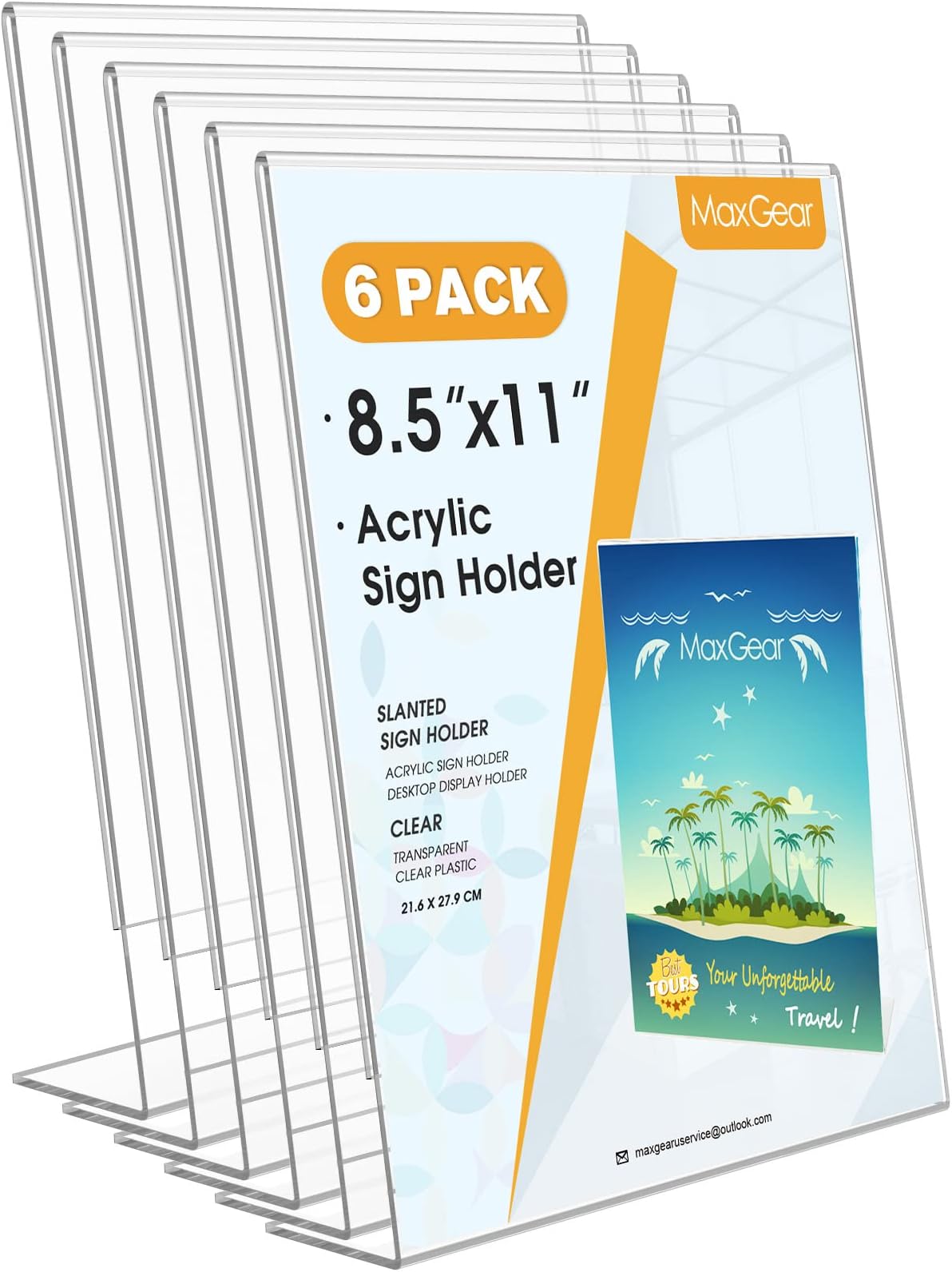 MaxGear 6 Pack Acrylic Sign Holder 8.5 X 11, Plastic Paper Holder With Vertical Slanted Back, Picture Photo Frames Display Stand Flyer and Document Organizer for Office Desktop Use