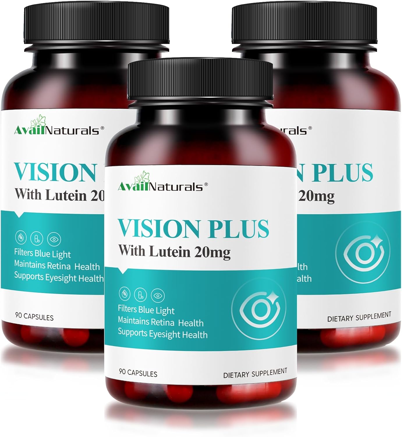 Vision Plus Eye Vitamins with Lutein 20mg, Bilberry & Blueberry Extract - Key Antioxidants for Eye Health Support - 90 Capsules, Non-GMO