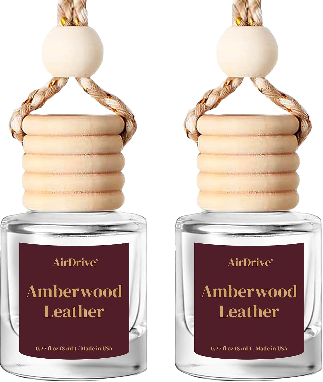 Leather Car Air Freshener, 2 Pack Hanging Oil Diffuser With Wooden Cap, Gift For Men & Women, Non-Toxic Rearview Mirror Car Accessory, Made in USA, Odor Eliminator For Car