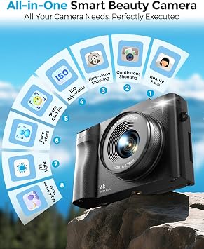 4K Digital Camera for Photography- 50MP Autofocus Vlogging Camera with 2.8 180 Flip Screen, 16X Digital Zoom- Compact Point and Shoot Camera with 64GB SD for YouTube, Travel, Beginners