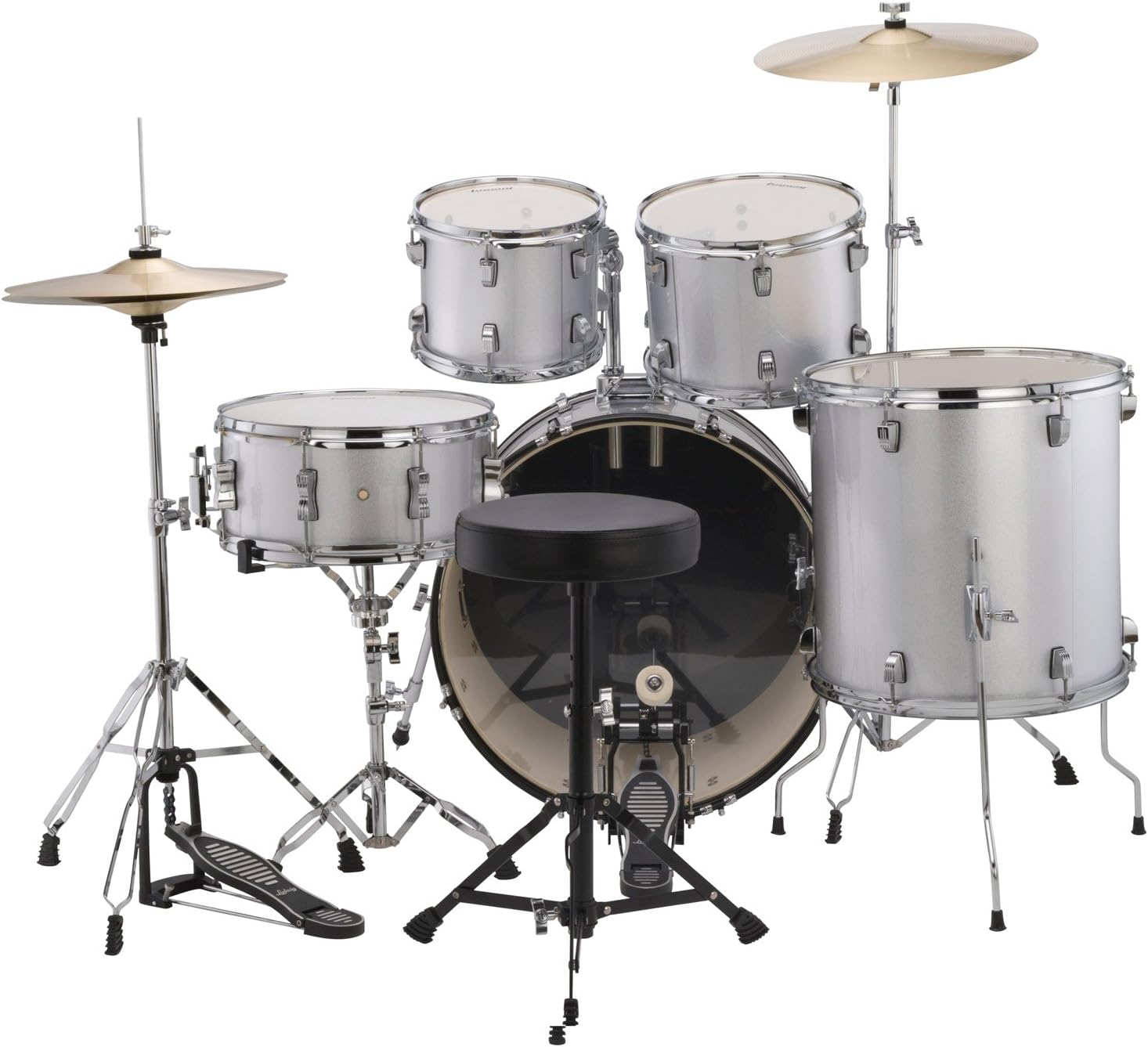 Ludwig Accent Drive Series LC175 Complete Drum Package with Cymbals, Hardware, Drum Throne, Chain-drive Pedal and Sticks (Silver Foil)