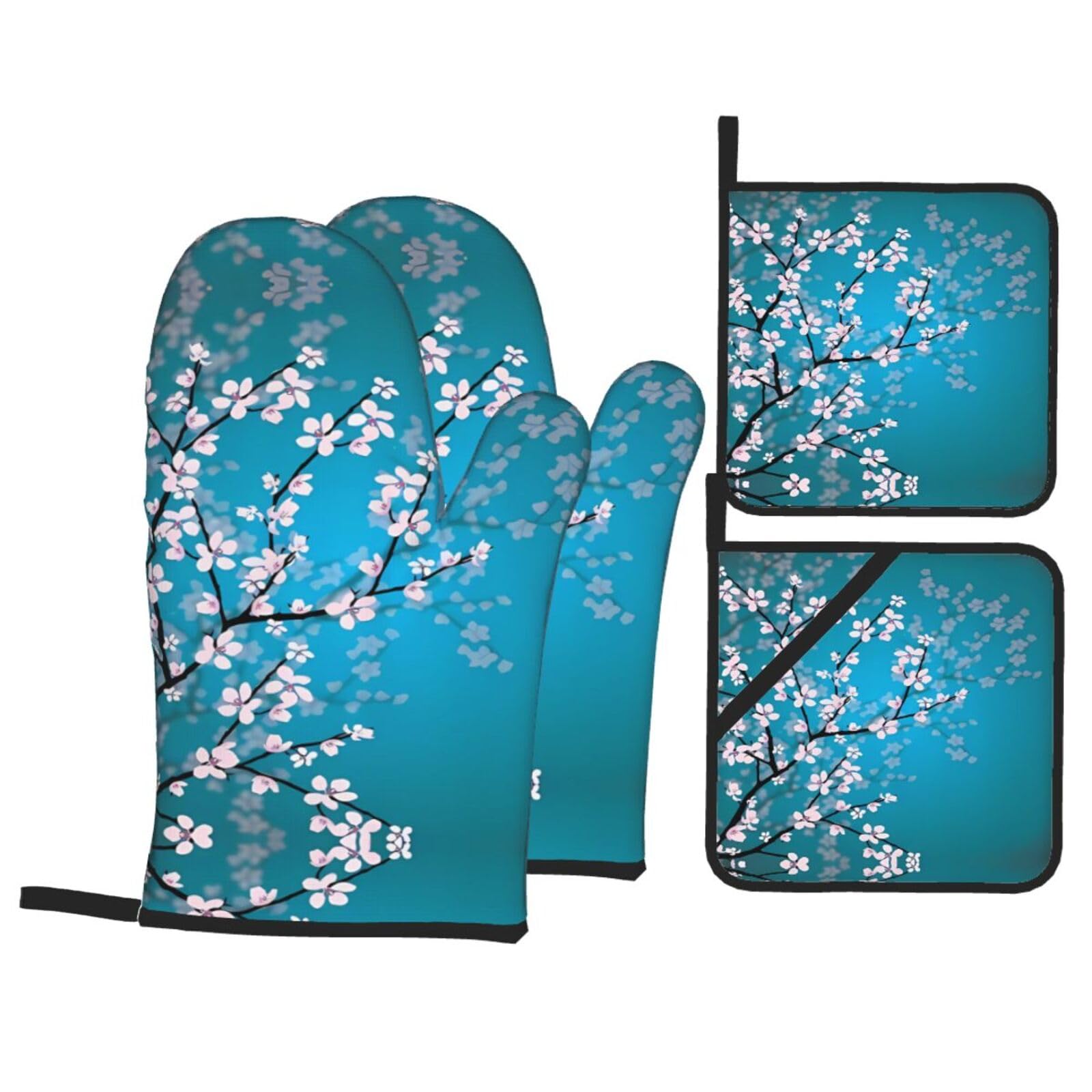 YYHHAOFA Cherry Blossom Prints Kitchen Baking Set with Heat Resistant Pot Holders & Oven Mitts - Waterproof Layer for Hot Dishes, Grill & Microwave