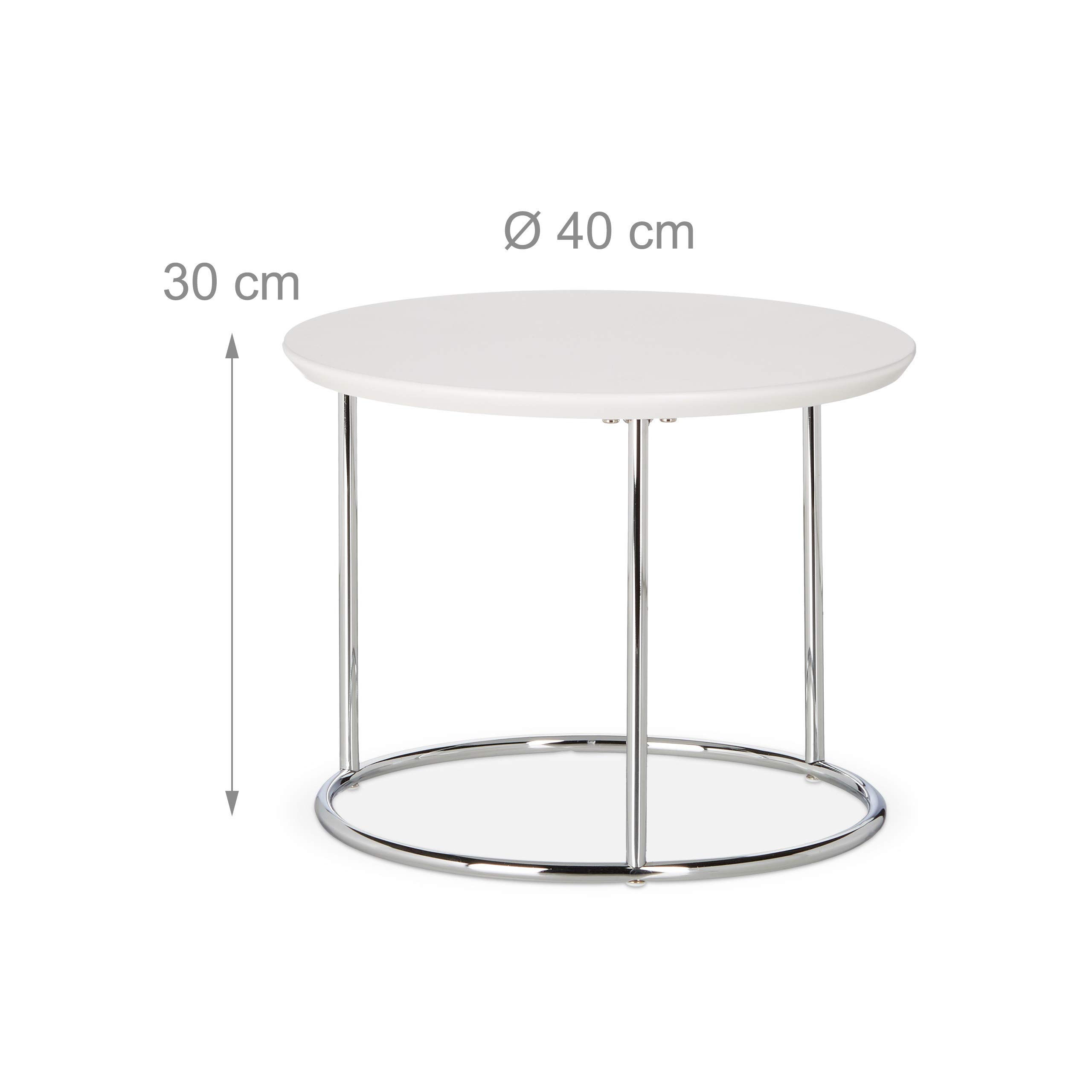 Relaxdays Set 2 tavolini sovrapponibili rotondi piccolo tavolo opaco di legno e metallo cromato 60x60 cm bianco