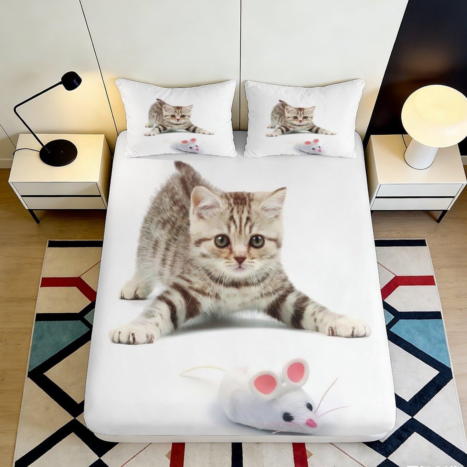 3D Printed Cute Kitten Fitted Sheet Microfiber Soft Breathable Playful Cat Bed Sheet with Mouse Design Mattress Cover for Bedroom Dormitory Guest Room 200x200x25cm