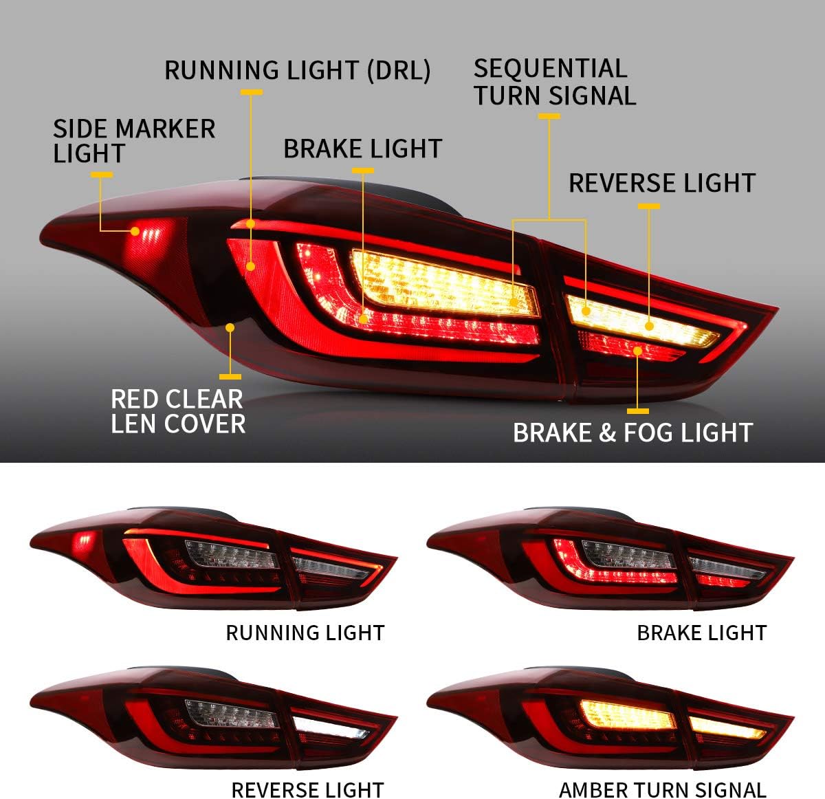 VLAND LED Red Clear Tail Lights Compatible for Hyundai Elantra 2011-2016, Rear Tail Lamps Assembly with Dynamic Animation Running Light, Sequential Turn Signal, Not For Hatchback