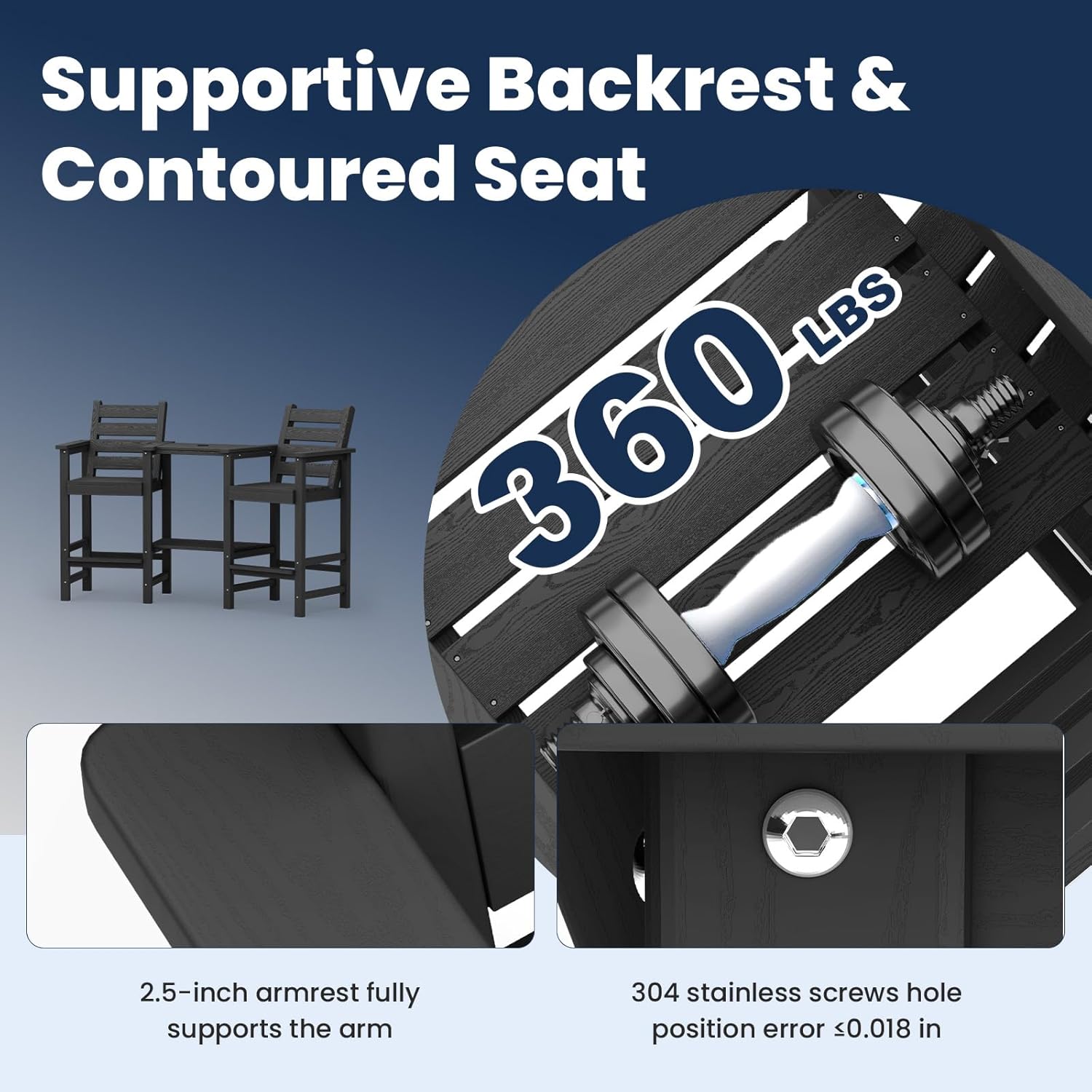 PLUUV Tall Adirondack Chairs Set of 2, All Weather HDPE Poly Bar Height Balcony Adirondack Chair with Removable Double Connecting Trays, Outdoor Adirondack Barstools for Deck, Patio, Yard, Pool, Lawn