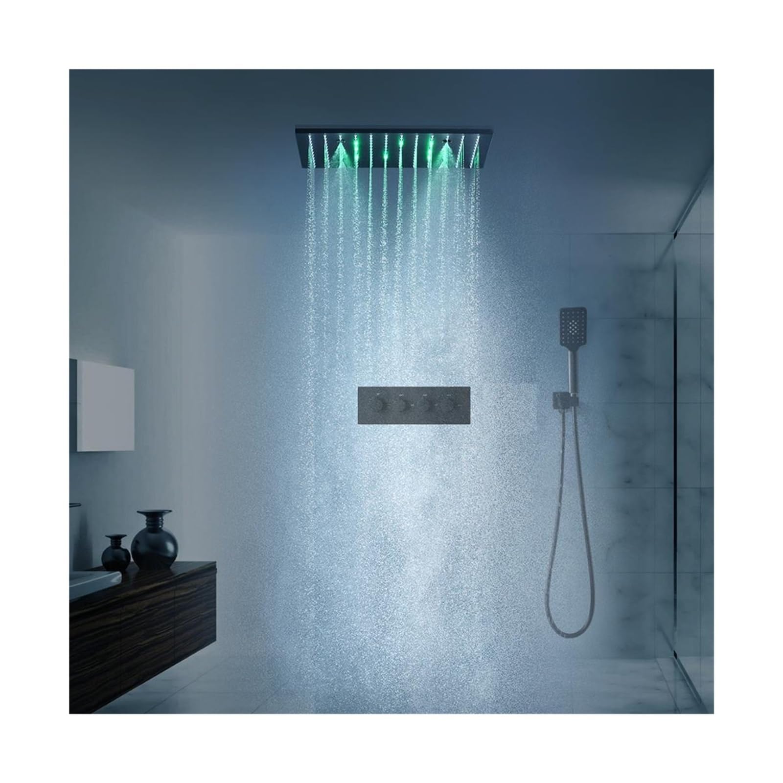 Pannello for soffione Doccia con Massaggio Nero, Set di rubinetti for Doccia a LED con Getto a Pioggia Spa, di Kit Miscelatore valvola termostatica(20 inch with LED)