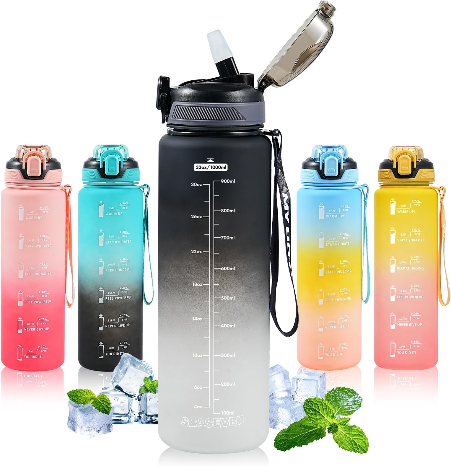 SEASEVEN 1L Water Bottle with Straw,Plastic Drinks Bottle,1 Litre Sports Water Bottles with Time Markings,Girls Boys Waterbottle Leak-Proof & Bpa-Free for Gym,Cycling, Office, Outdoor