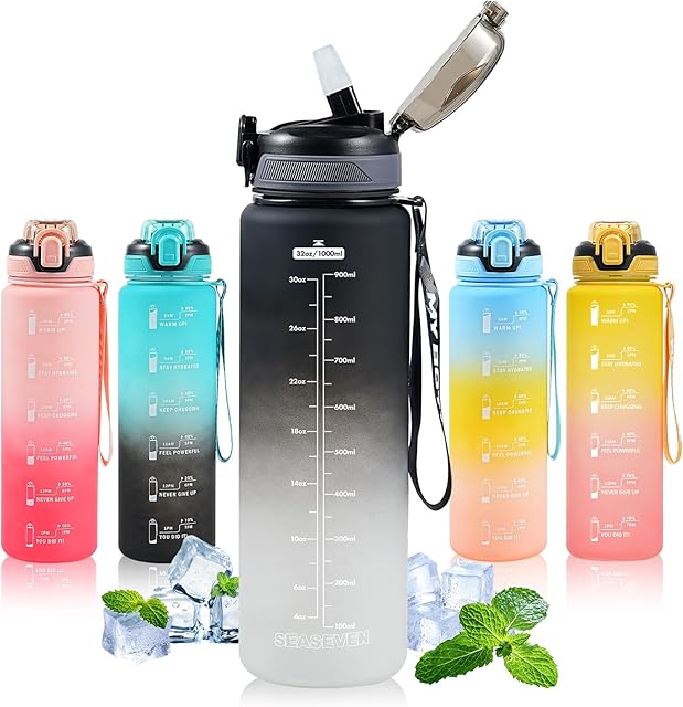 SEASEVEN 1L Water Bottle with Straw,Motivational Water Bottles with Straw 1 Litre,Waterbottle Leak-Proof,Plastic Drinks Bottles Toxin FreeBpa-Free for Office, School,Sports,Cycling