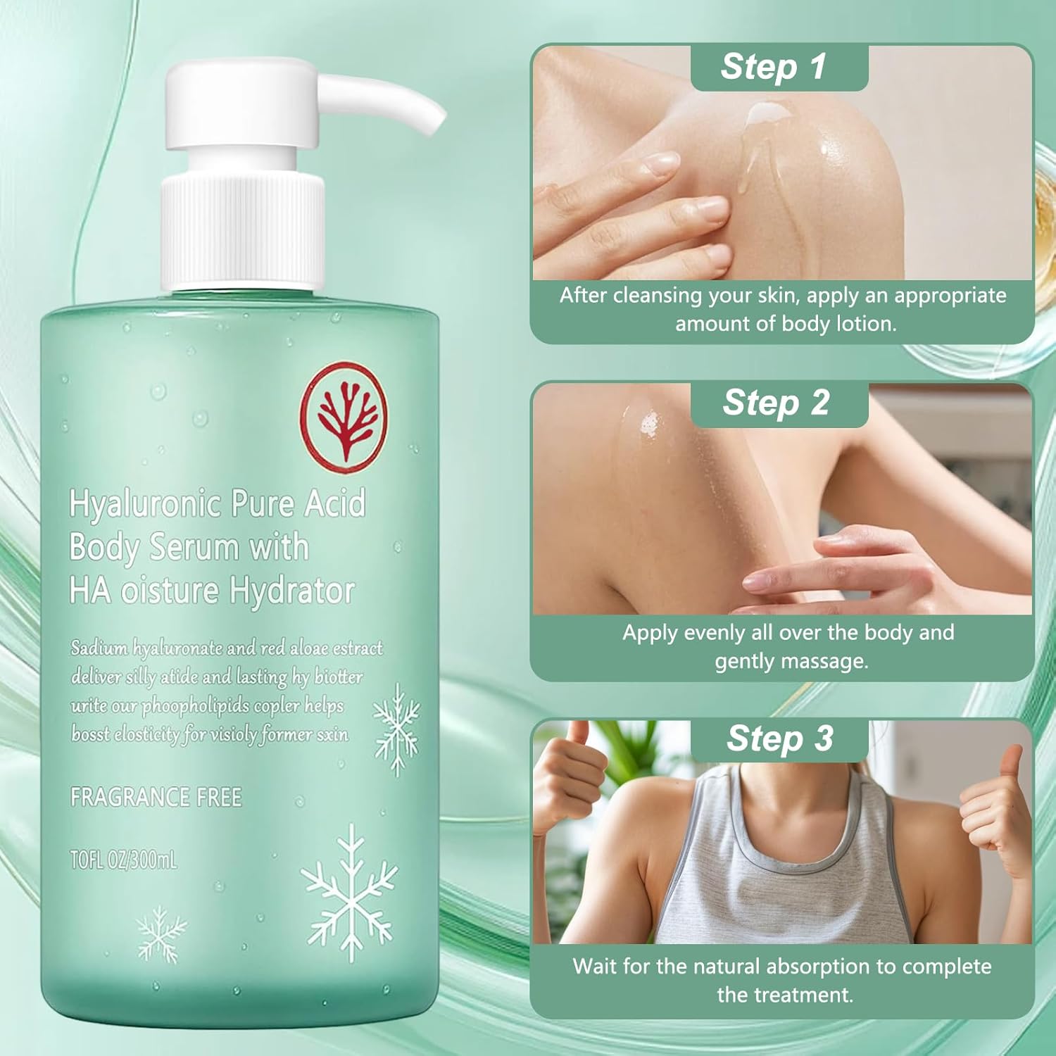 Ha Hyaluronic Acid Body Serum,Body Hydrator Hyaluronic Acid Body Serum,Acido Hialuronico Bodys Serums,Lightweight Fast-Absorbing Body Care For Deep Hydration & Silky,Non-Greasy Skin(300ML) - Image 7