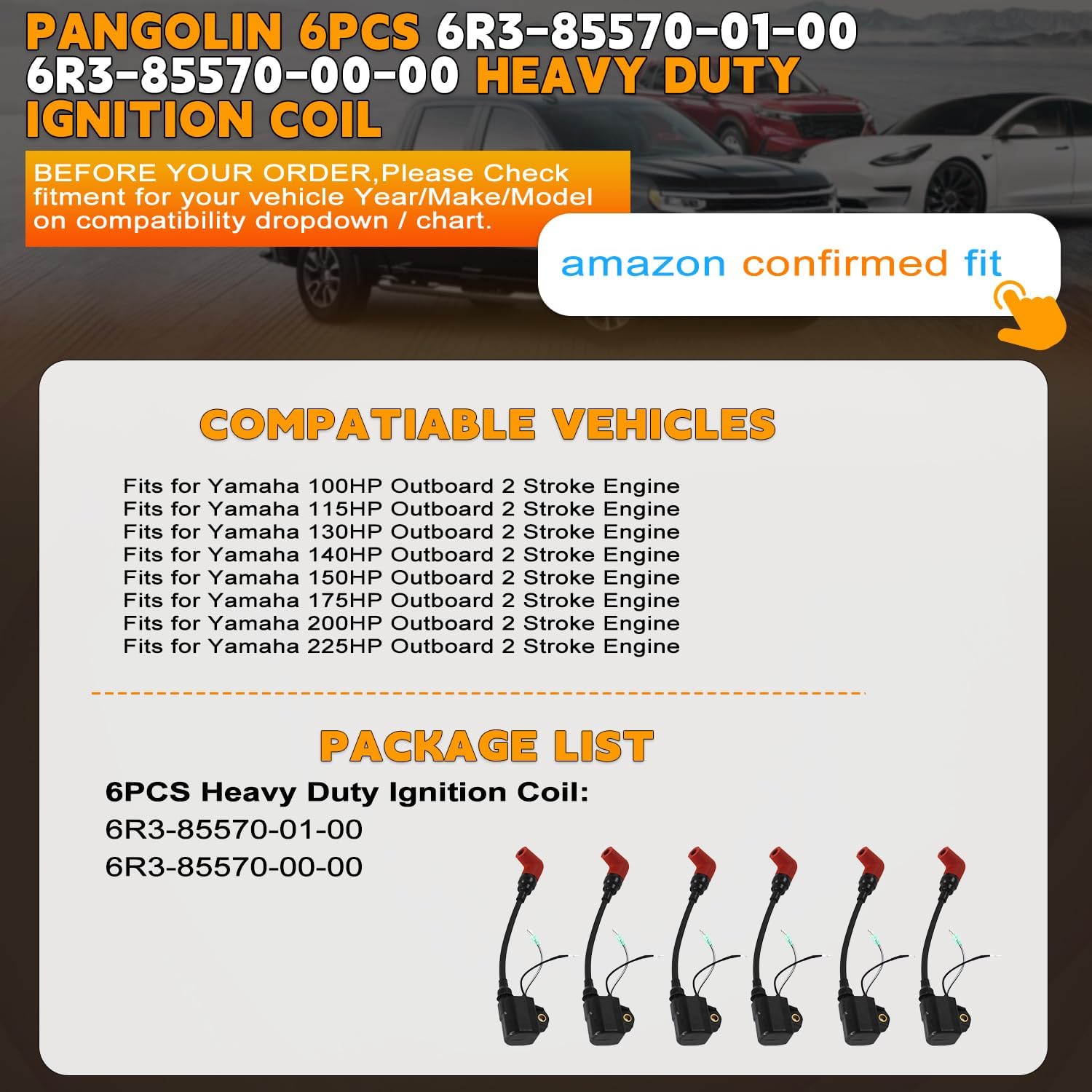PANGOLIN 6PCS 6R3-85570-01-00 6R3-85570-00-00 Heavy Duty Ignition Coil Compatiable with Yamaha Outboard 100HP 115HP 130HP 140HP 150HP 175HP 200HP 225HP 2-Stroke Engine