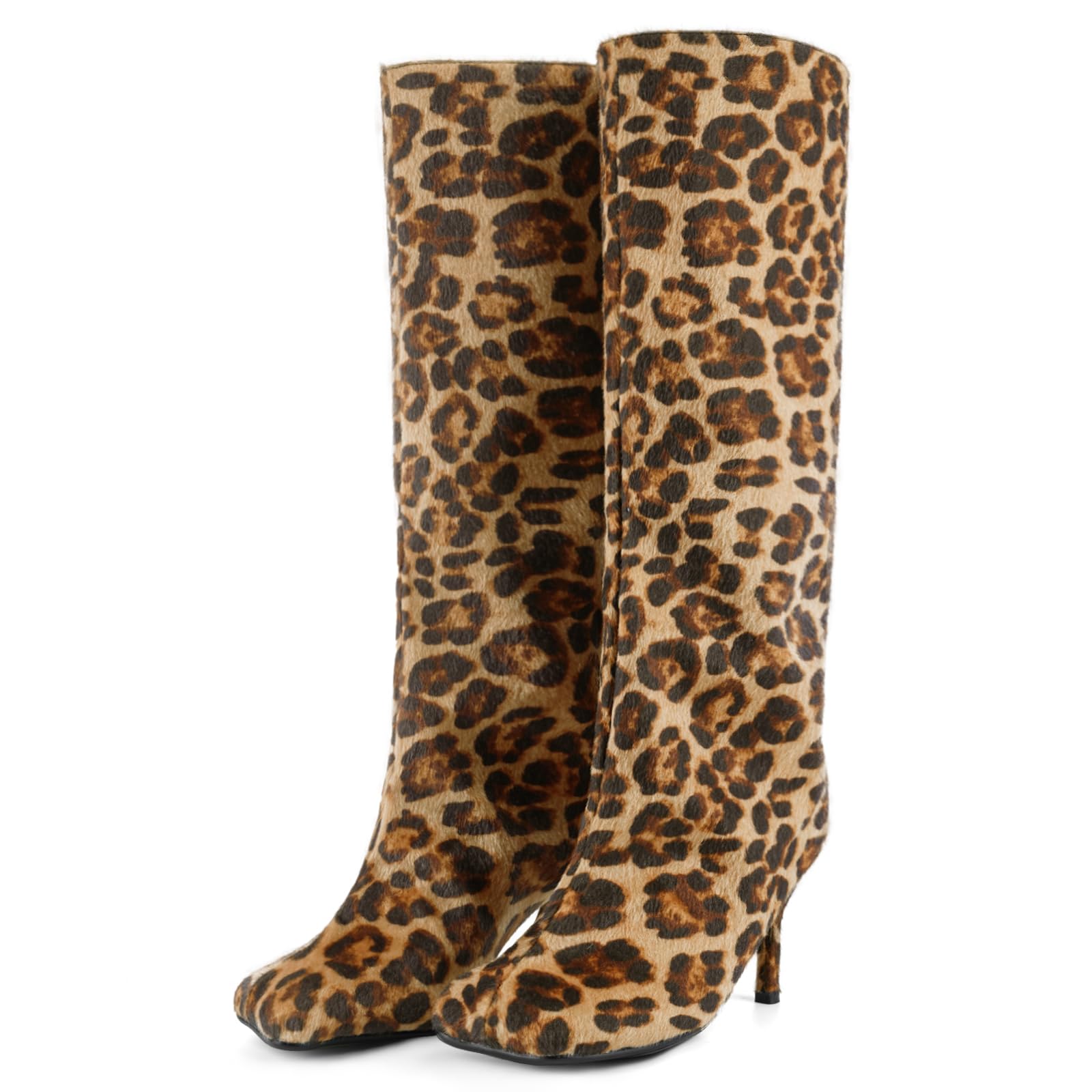 Womens Knee High Suede Boots for Women Wide Calf Square Toe Stiletto Heels Tall Boots Pull On High