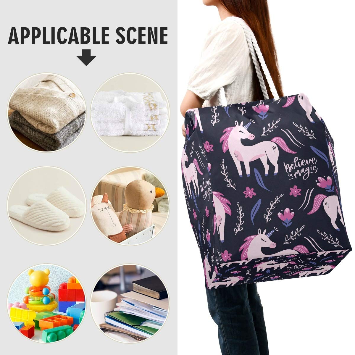 Großer Wäschesack mit Einhorn-Motiv, freistehend, faltbar, mit Tragegriffen, Pink