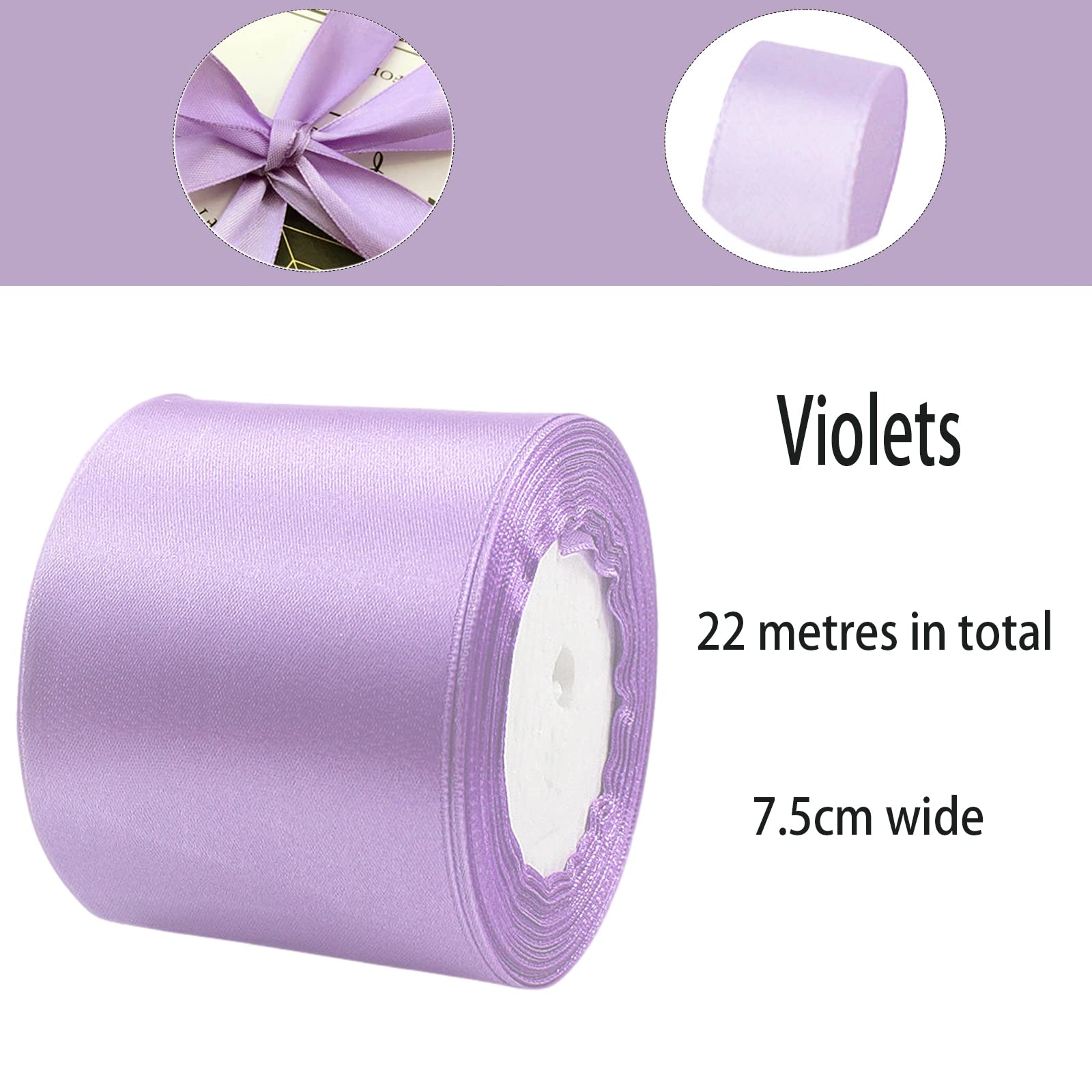 75mm Wide Violet Ribbon for Gift Wrapping, Wedding Car Ribbon 3 Inch Large Satin Ribbon Violet Christmas Ribbon, 23m Fabric Thick Ribbon for Crafting Hair Bow Bouquets Floristry Cake Decorations - Image 2