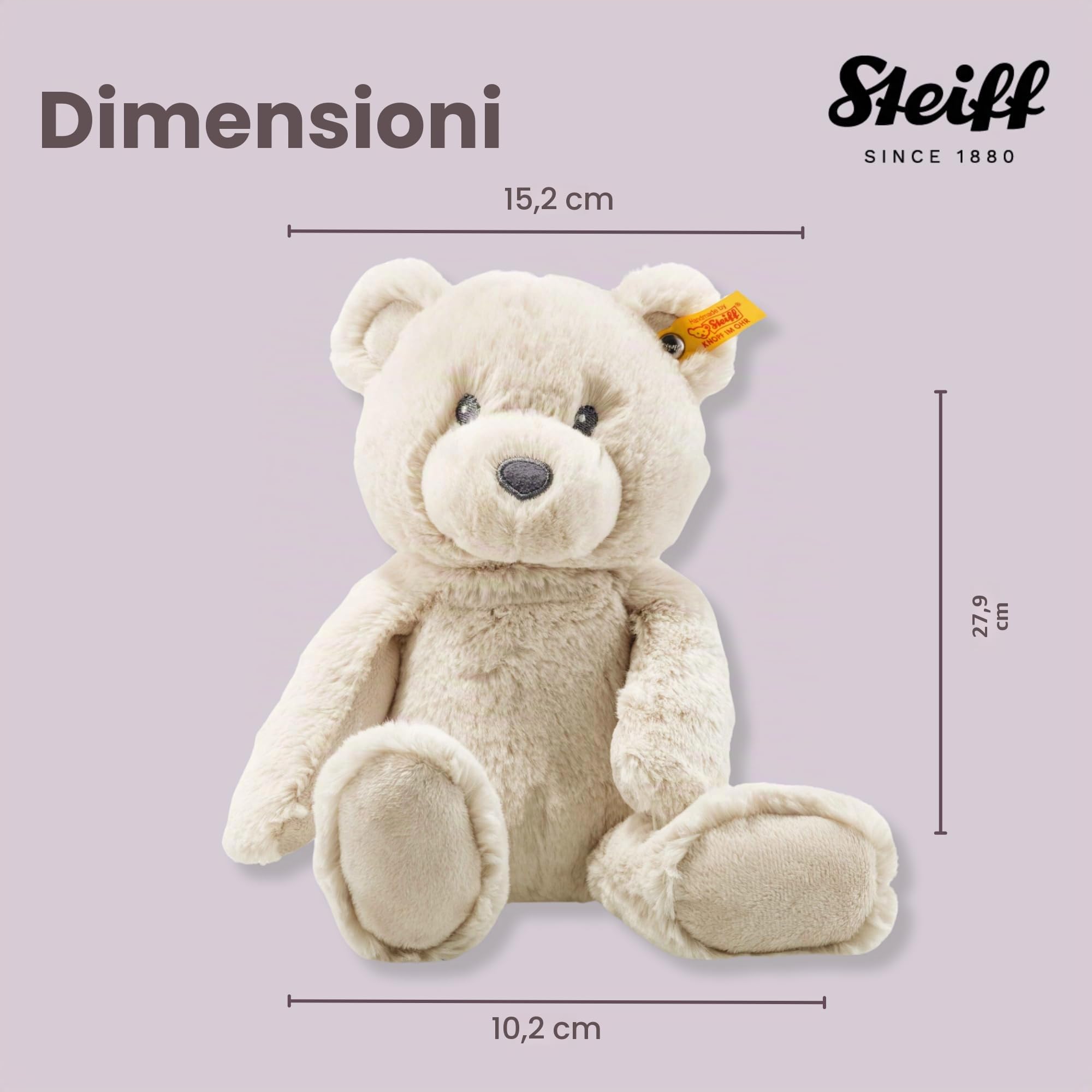 Steiff Bearzy Orsacchiotto beige, 28 cm, peluche orsacchiotto in peluche, per coccolare e giocare per neonati e bambini, Soft Cuddly Friends, peluche per la pelle delicata dei bambini, lavabile in