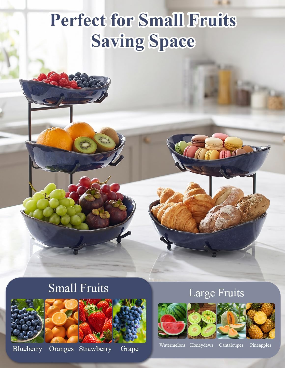 3 Tier Ceramic Fruit Basket for Kitchen Counter with Metal Stand