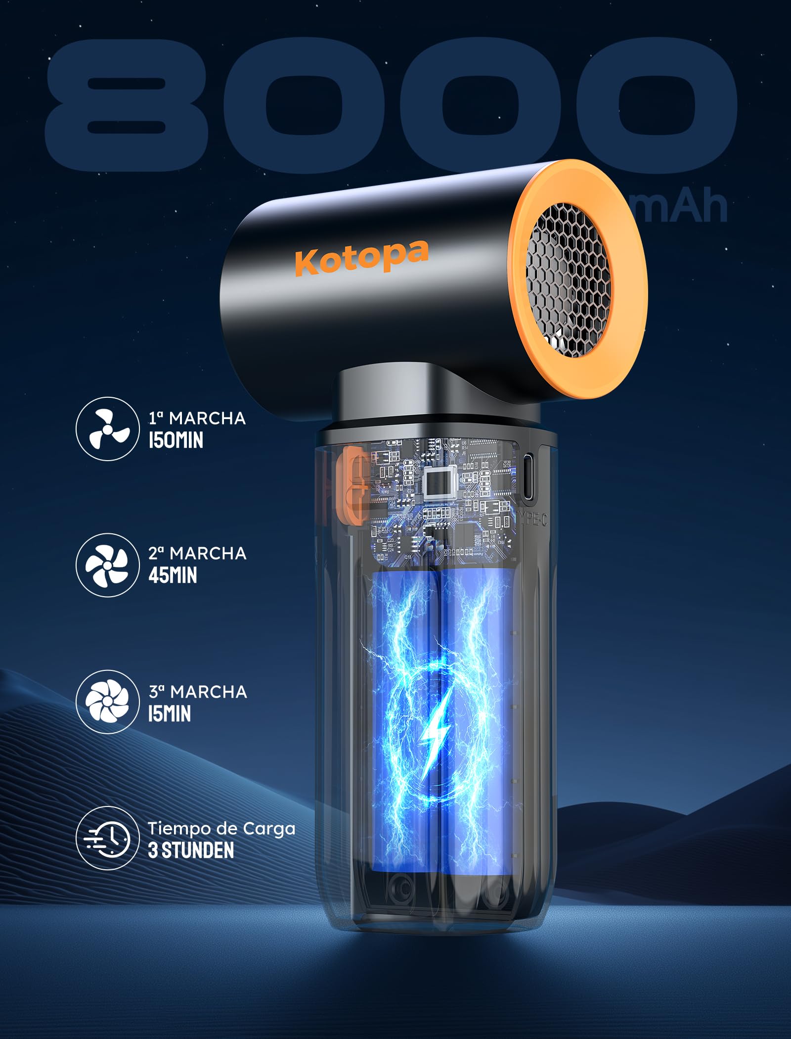 Soplador de Aire Potente, 3 Velocidades 200000 RPM, Batería de 8000 mAh, Aire Comprimido Limpieza pc Ultra Silencioso, Ideal para Limpiar Ordenadores, Teclados, Coches y Exteriores (Negro)