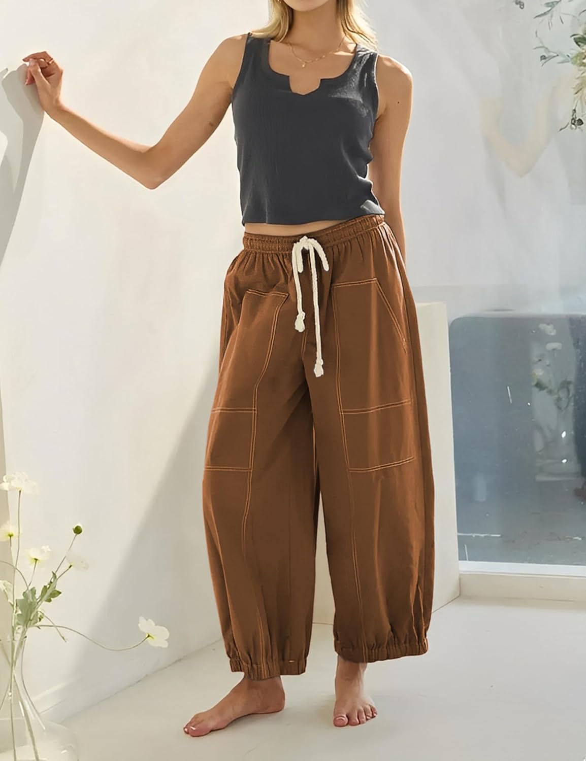 Himosyber Womens Baggy Wide Leg Pants Casual Loose Elastic Drawstring Waist Harem Pants with Pockets - Image 7