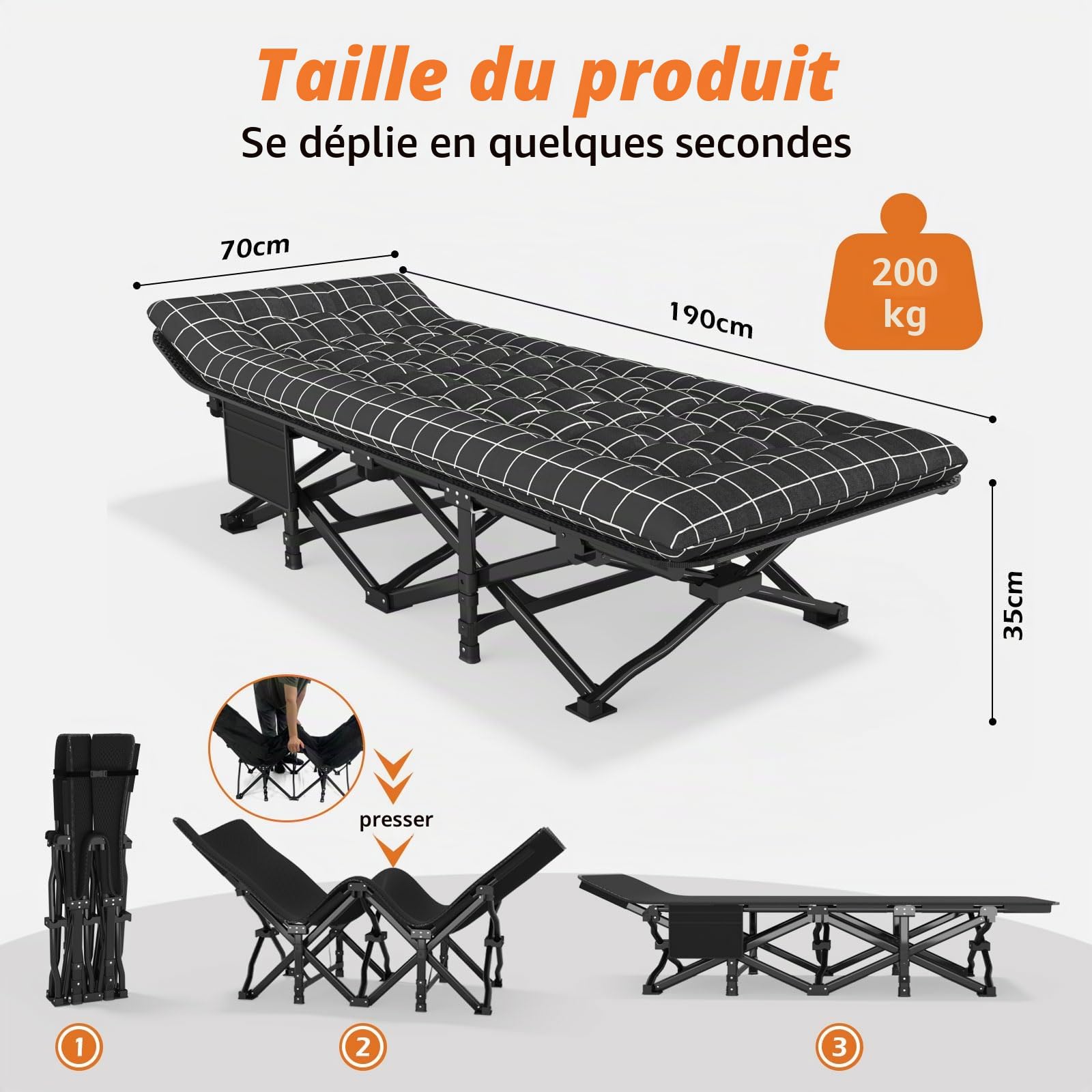 ATORPOK SHOP Lit de camping pliable jusqu'à 200 kg pour invité avec poche latérale, chaise longue de camping portable, extérieur, jardin, camping, voyage, intérieur
