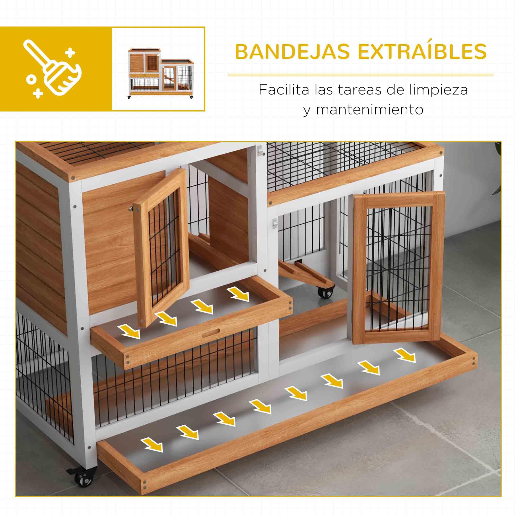 PawHut Conejera de Madera de 2 Niveles Jaula para Conejos con Ruedas Puertas Zona Abierta Rampa y 2 Bandejas Extraíbles Conejera para Interior 110x50x88 cm Natural y Blanco