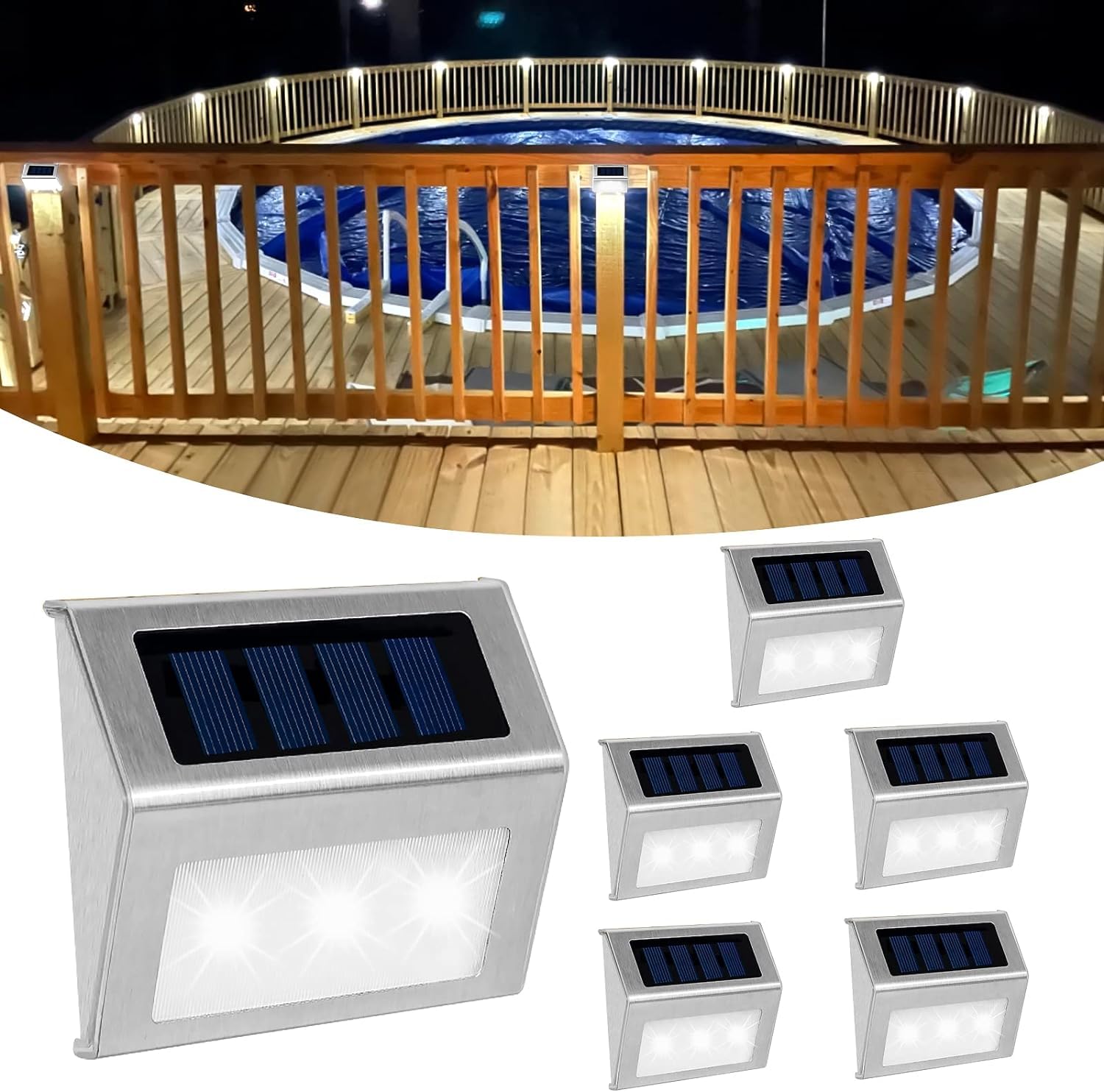 NEWNEN Stainless Steel Solar Fence Lights: 6 Pack Solar Deck Lights Waterproof Solar Powered Step Lighting 3 LED for Outdoor Railing Wall Steps Decks Backyard Paths Patio Pathway- Cool White