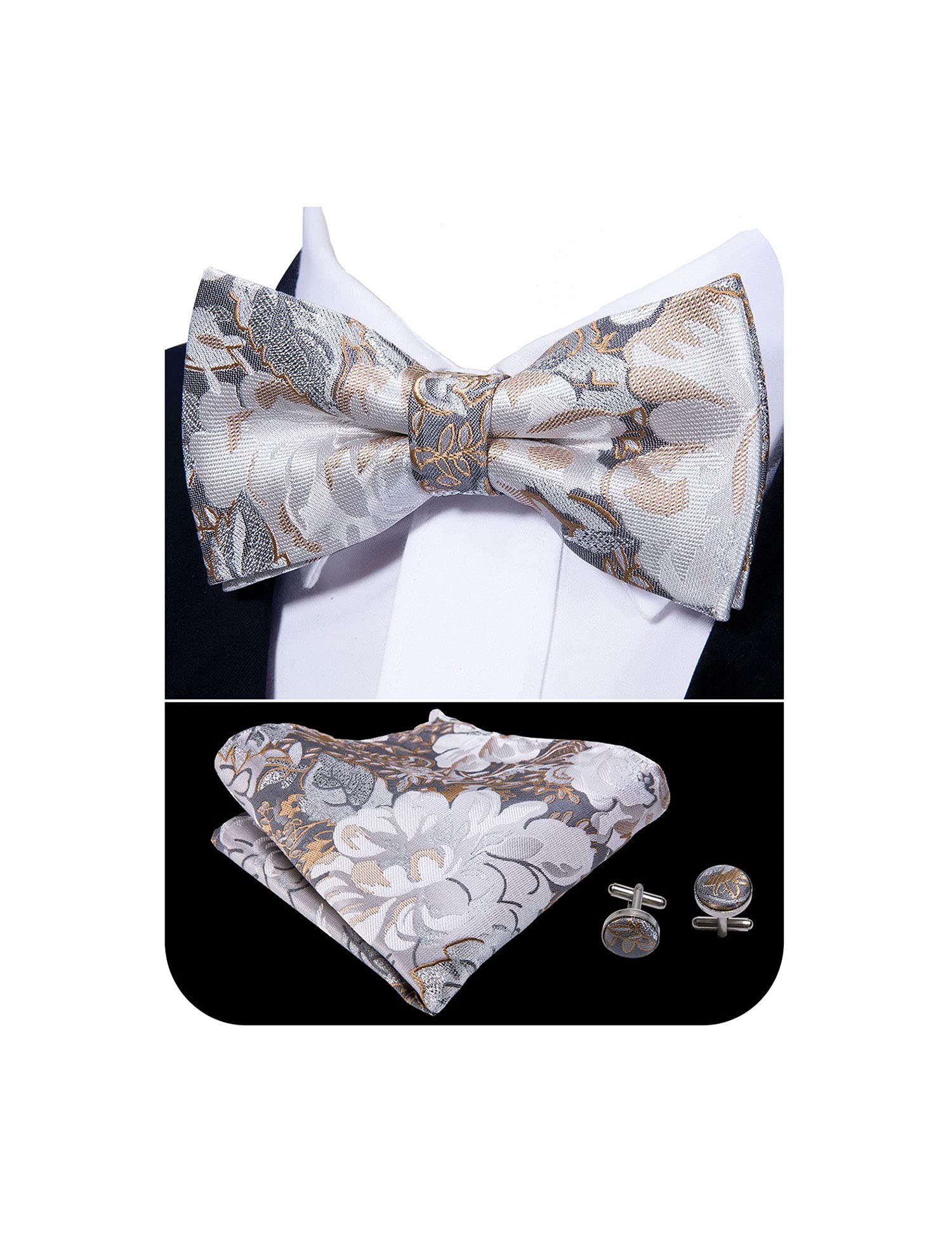 Barry.WangMens Bow Tie Floral Silver Champagne Gold Grey Pre-Tied Bowties Pocket Square Cufflinks Set Wedding Formal Prom Party, B Silver Champagne Gold, One size