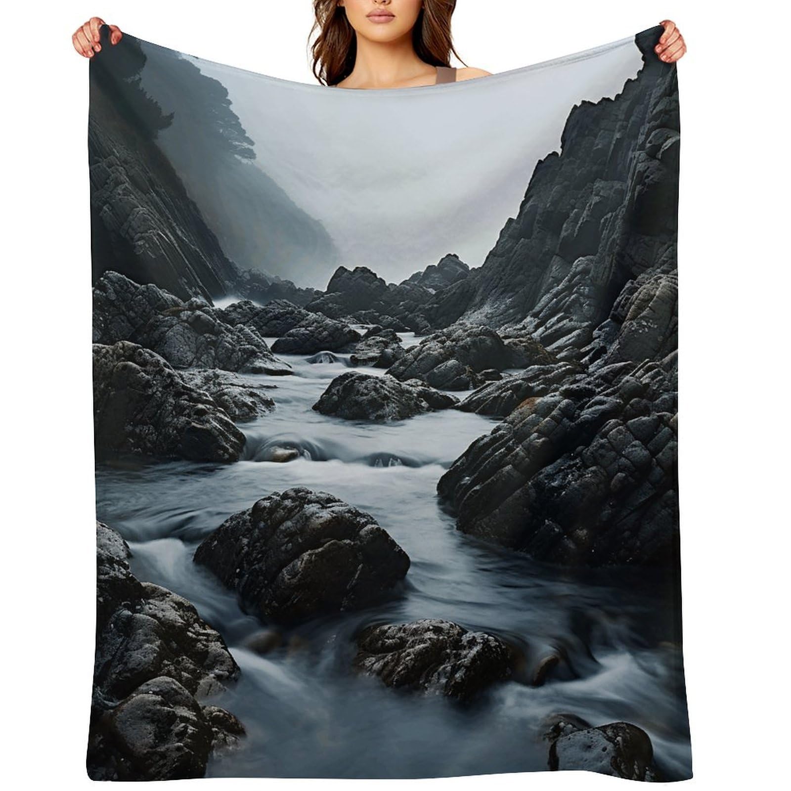 Fekiloot Style Foggy Rocks In Water Throw Blankets Camping Blanket40 X50