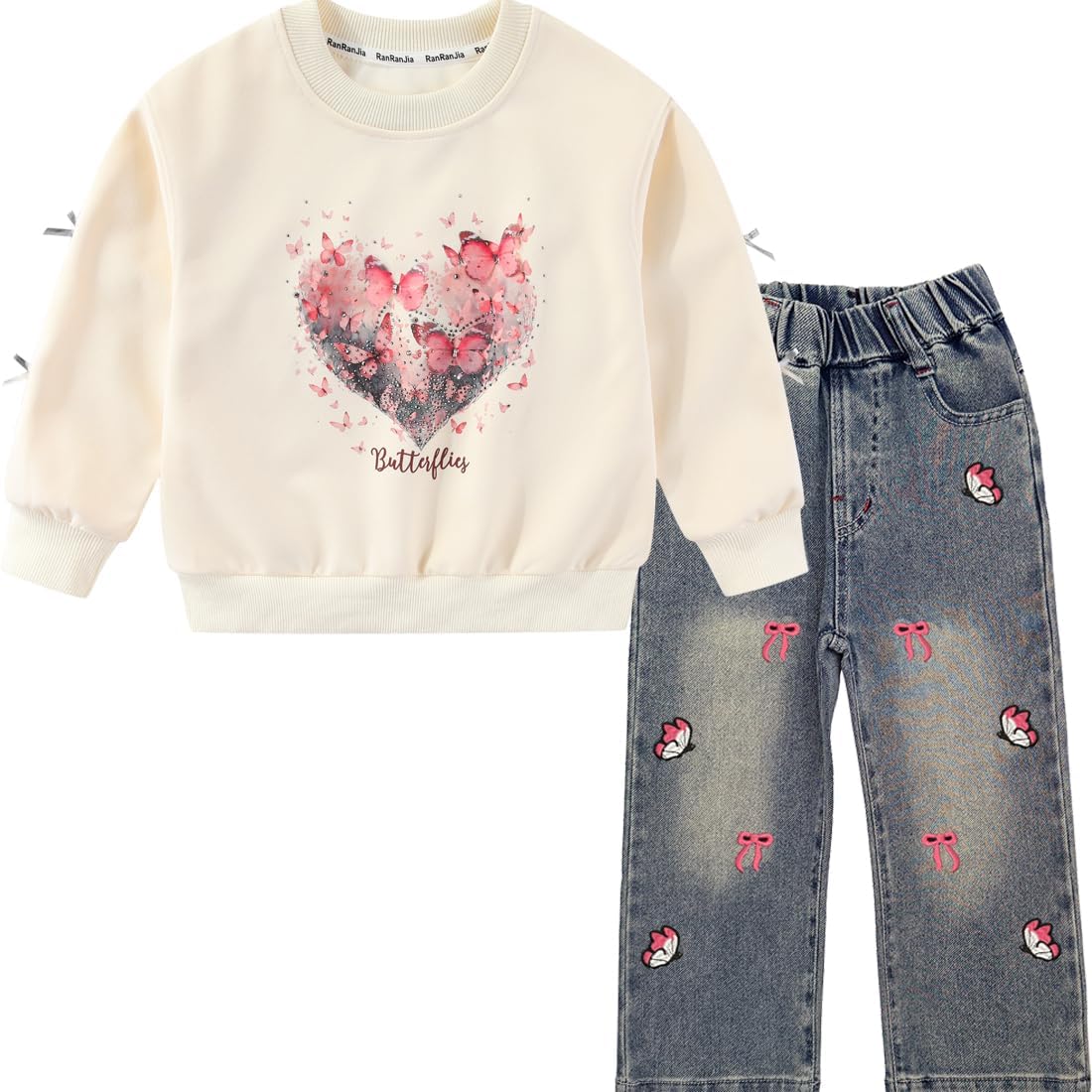Peacolate 5-12Years Spring Fall Clothingsets Kid Little&Big Girls Pullover Long Sleeve T Shirt and Embroider Butterfly Jeans