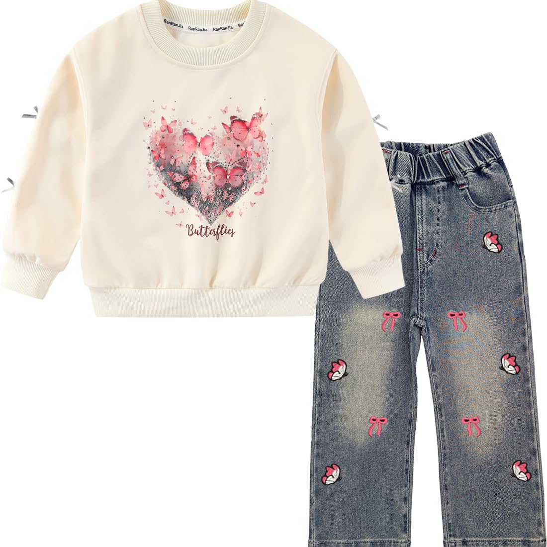 Peacolate 5-12Years Spring Fall Clothingsets Kid Little&amp;Big Girls Pullover Long Sleeve T Shirt and Embroider Butterfly Jeans