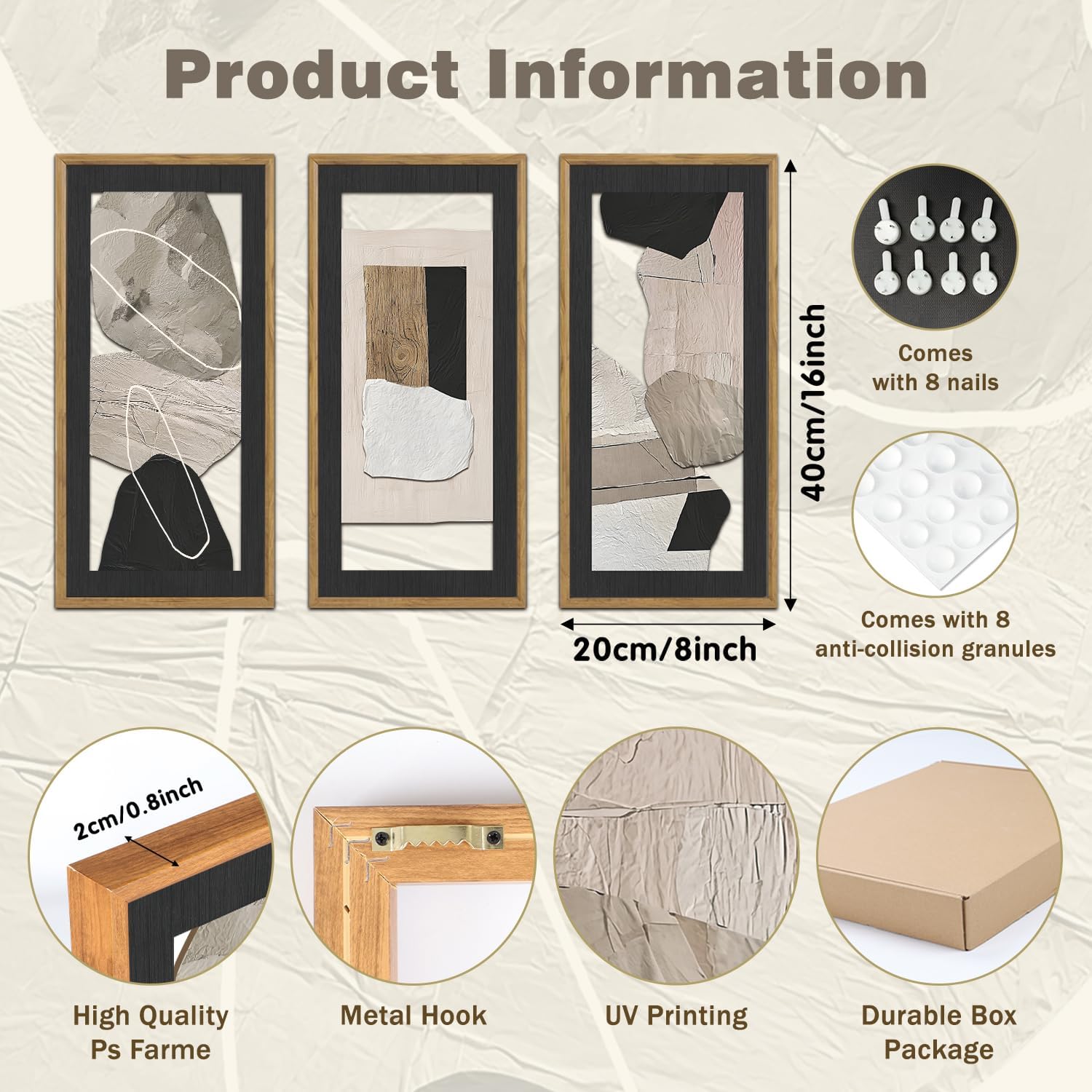 IARTTOP Neutral Abstract Wall Decor Set of 3 Beige Grey Black Brown Wall Art Framed Mid Century Modern Tone Minimalist Artwork Textured Abstract Painting for Walls Bedroom Office 8x16Inch