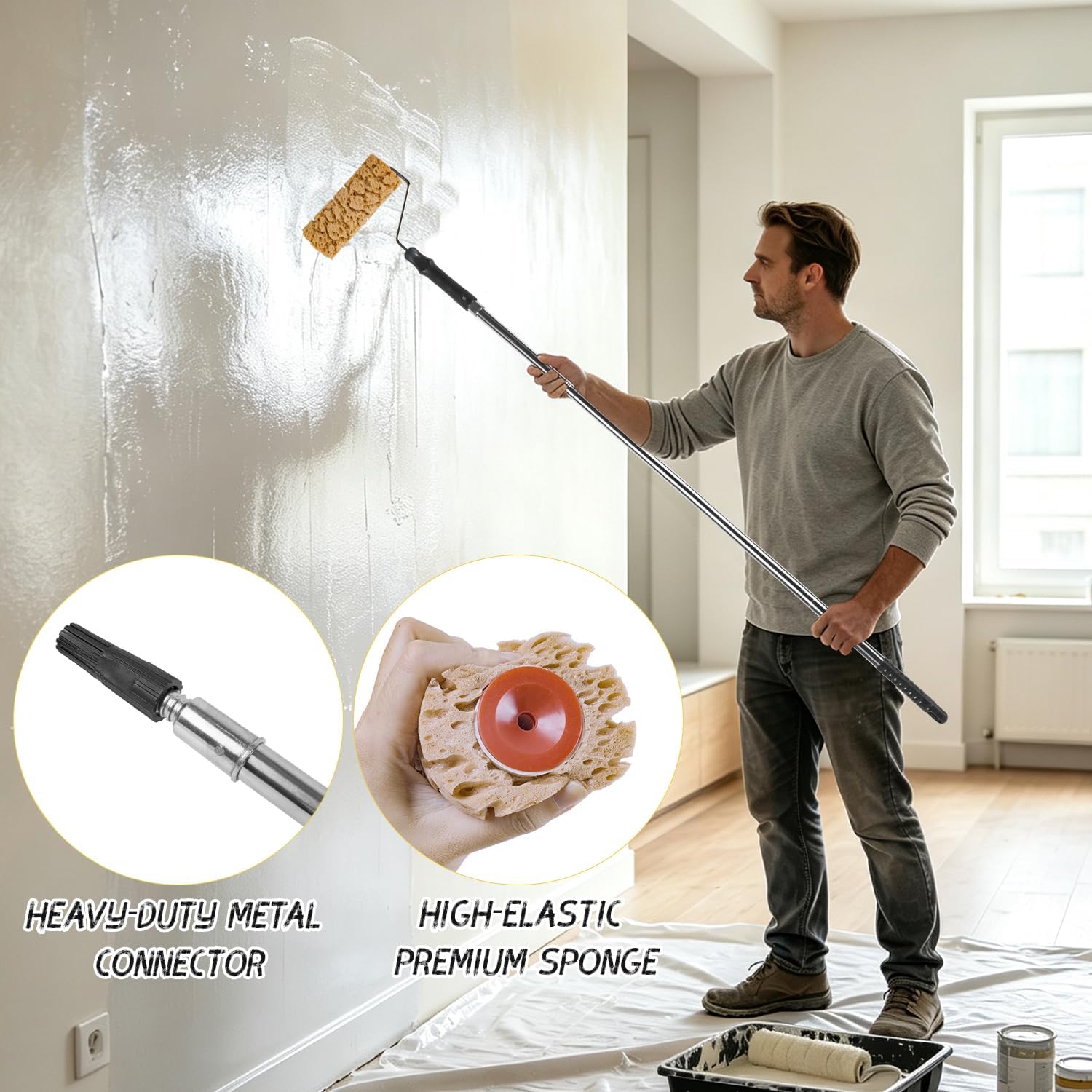 Sea Sponge Texture Roller for Painting, 6+8"Sponge Paint Roller+ 4FT Pole