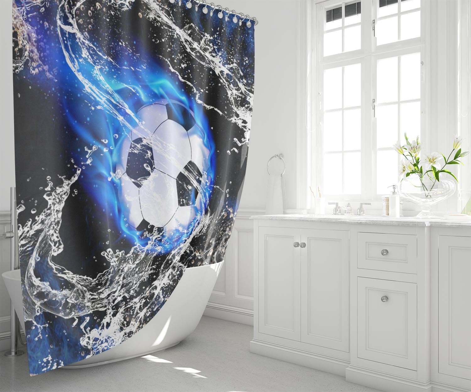 4Pcs Soccer Shower Curtain for Boys Bathroom Set - Boys Sports Shower Curtain Set with Bath Mat Toilet Lid Cover with 12 Hooks, 70" x 70"