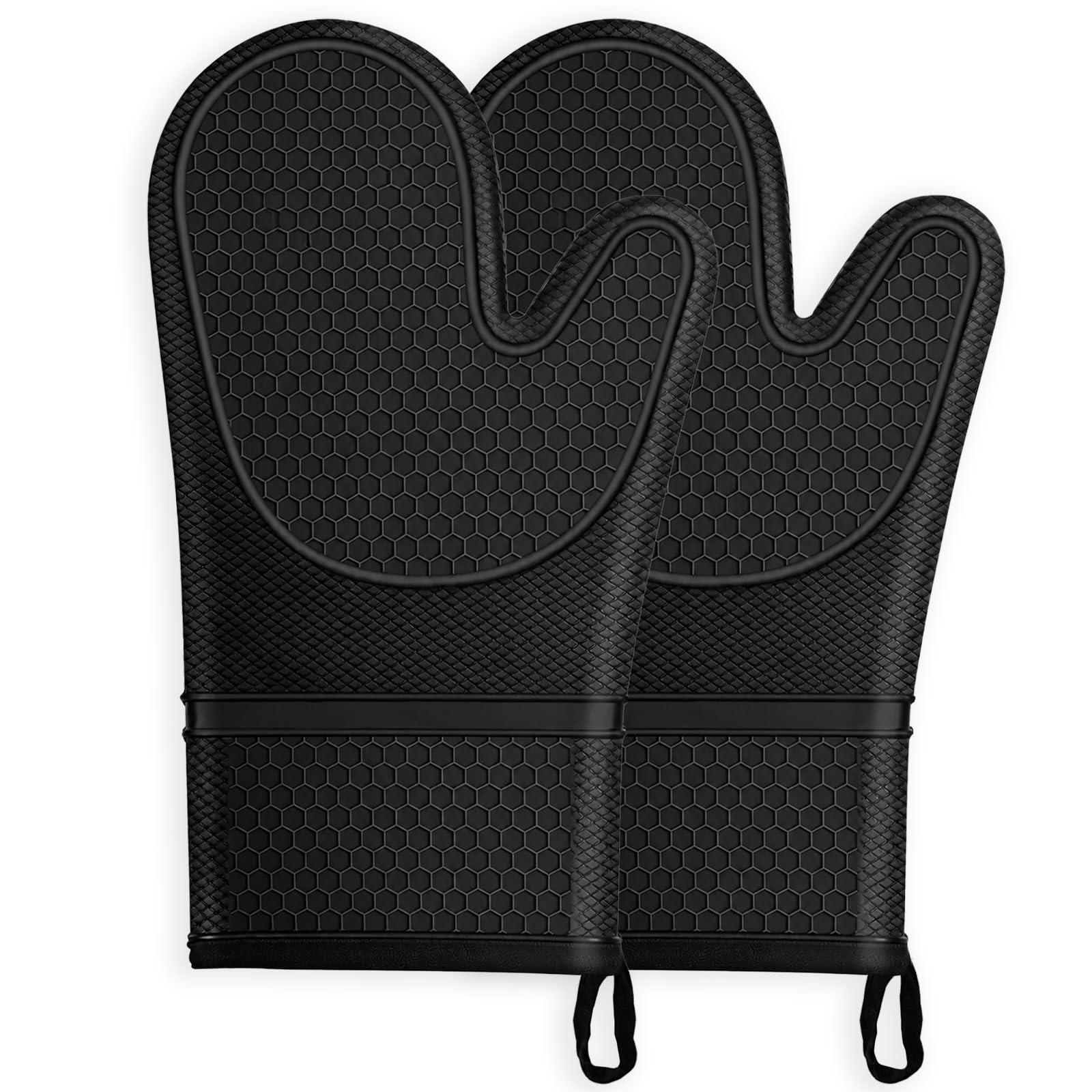 Soodyoow Oven Gloves, Anti-Scald Silicone Oven Gloves, Heat Resistant Pinch, Non-Slip Waterproof Kitchen Gloves with Soft Lining, BBQ Mitts,for Baking, Grilling & Air Fryer (Black, 1 Pairs)