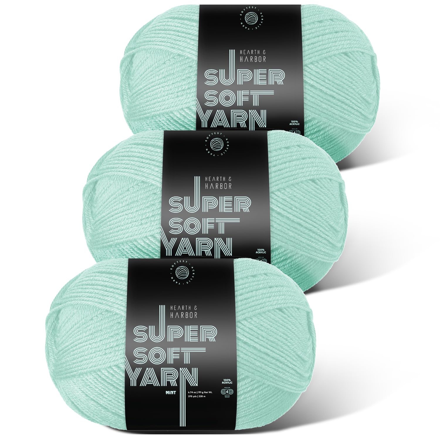 Acrylic Yarn for Crocheting &amp; Knitting – Soft Crochet Yarn for Crocheting, 3 Pack of 370 Yards, Perfect for Crafts &amp; Amigurumi, Medium Worsted Weight 4, Mint