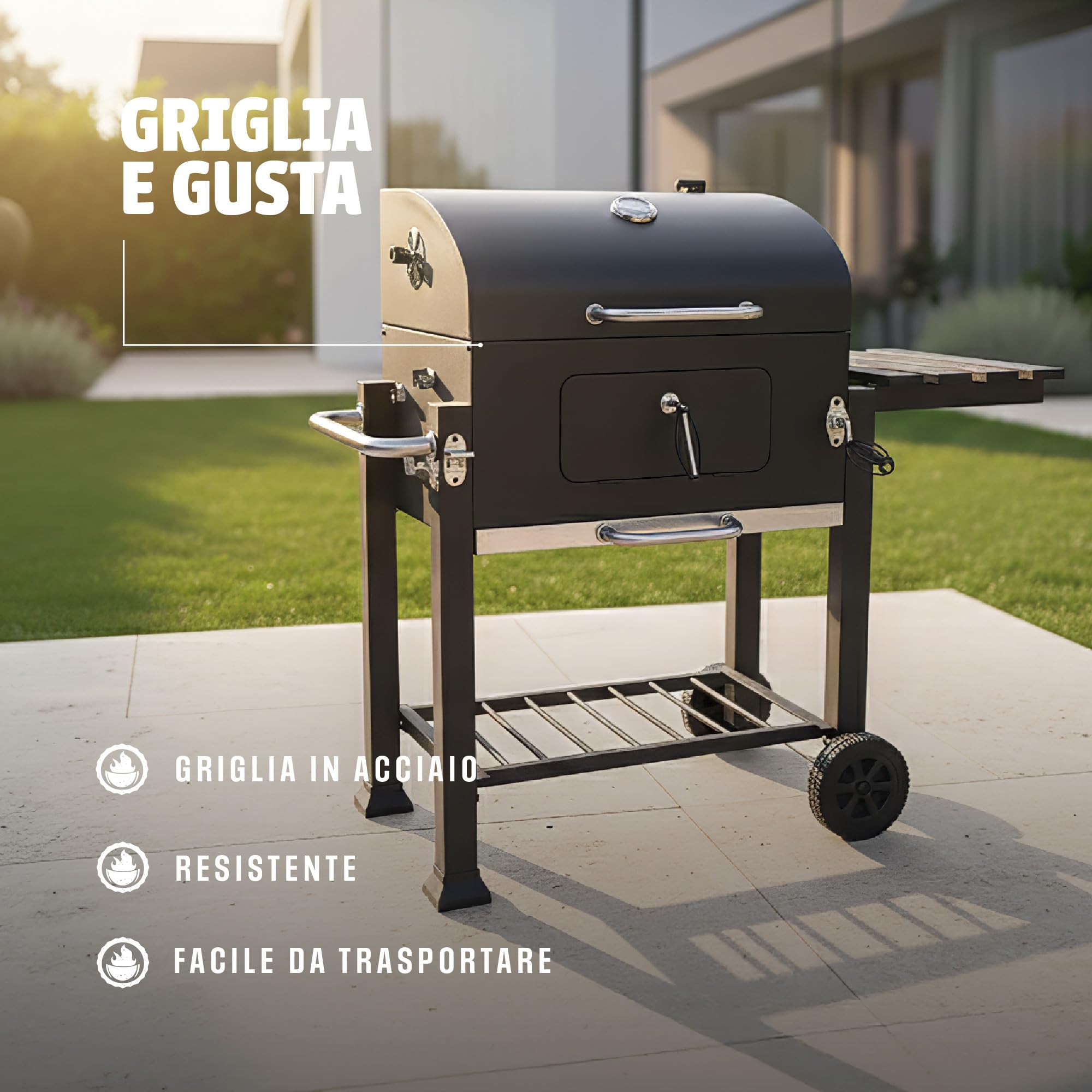 Barbecue a Carbone con Coperchio e Termometro, Griglia di Cottura e Mantenimento, Apertura Frontale, Ripiano Laterale, BBQ da Giardino con Ruote
