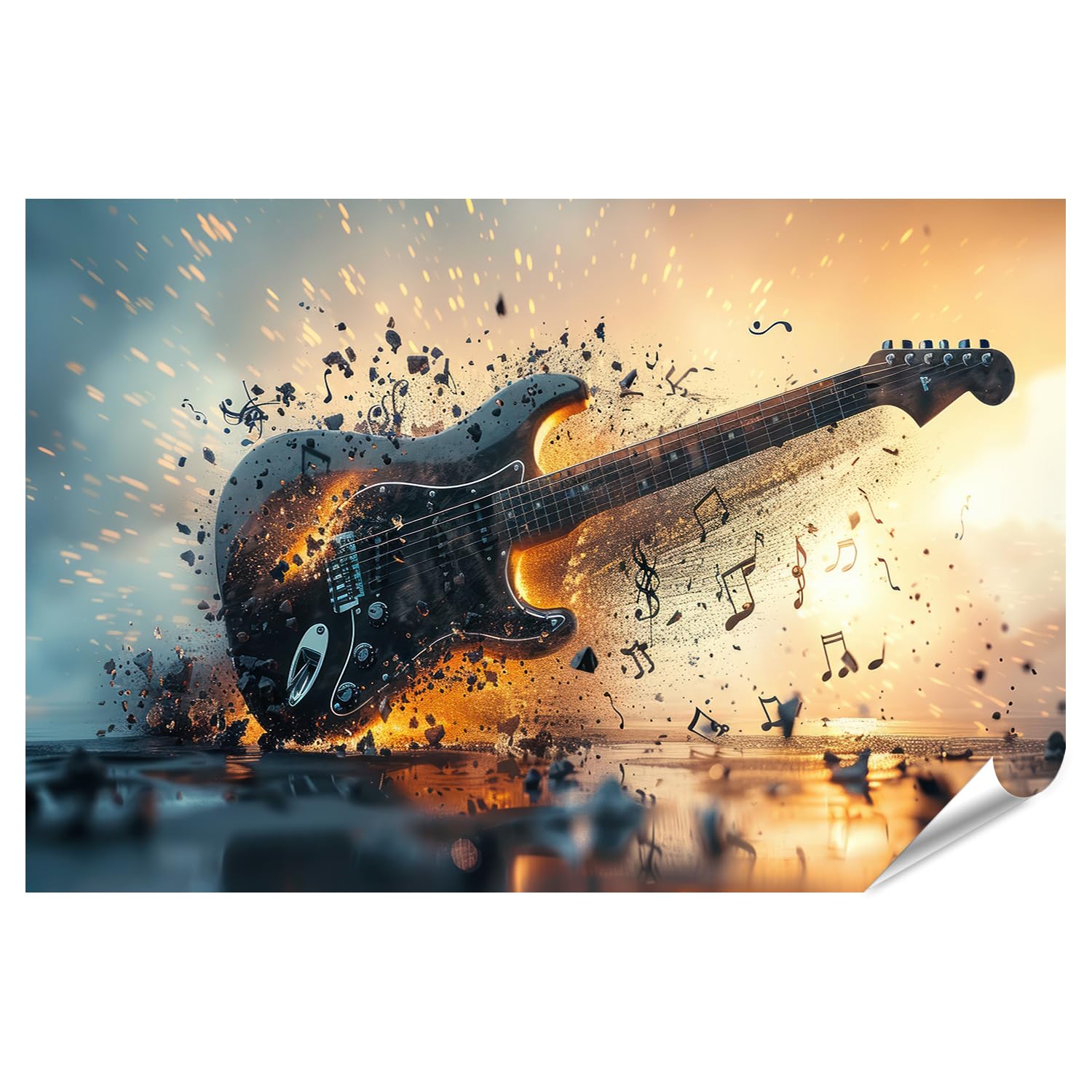 islandburner Prime XXL Poster vivido e potente esplosione di una elegante chitarra rock nera per camera musicale, negozio di strumenti musicali, immagini premium