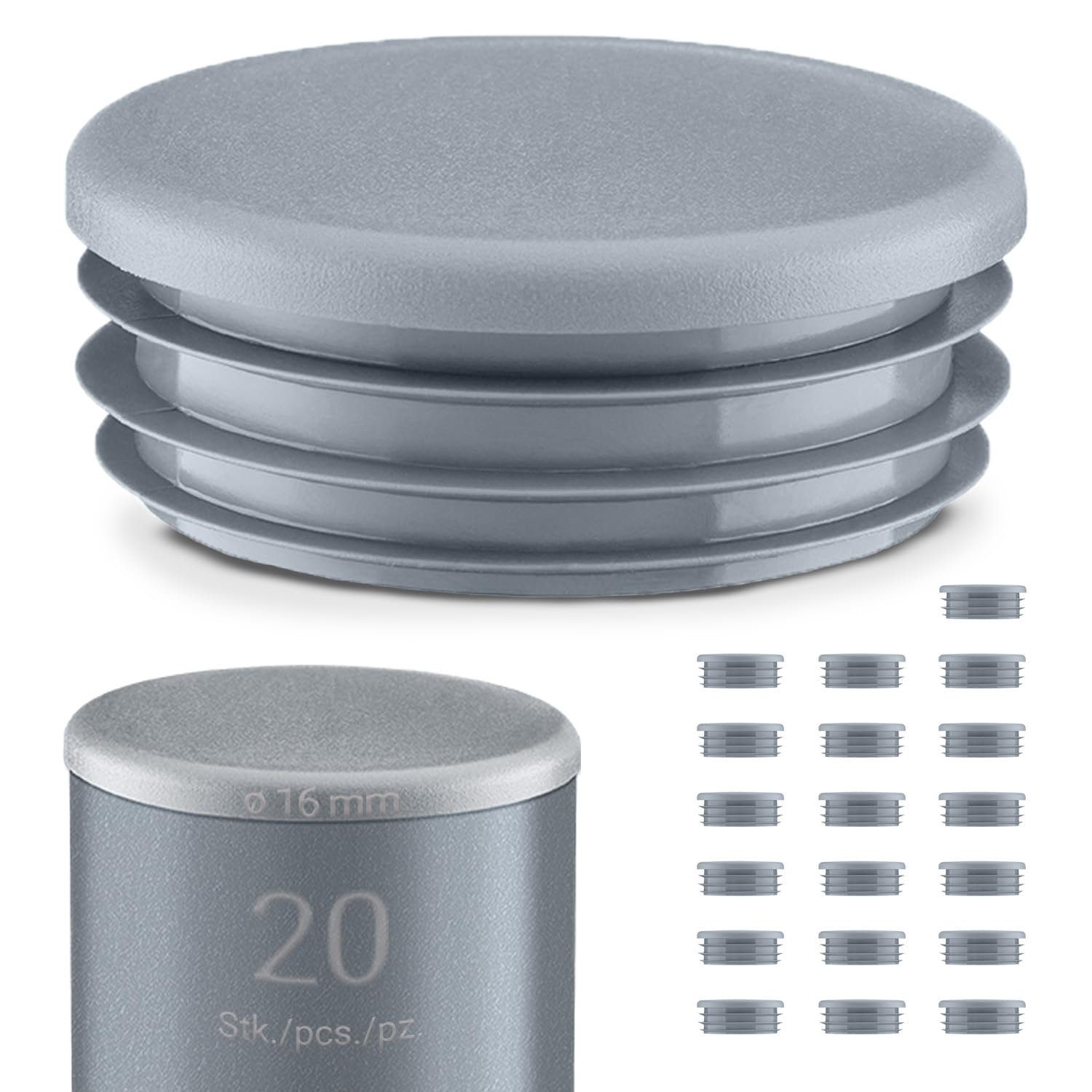 EMFA Tapa de Tubo Redonda Acanalada 16 mm Gris 20 Piezas Tapa de Tubo Redonda Tubo de Acero 16 mm Tapas de Tubo de plástico 1,6 cm