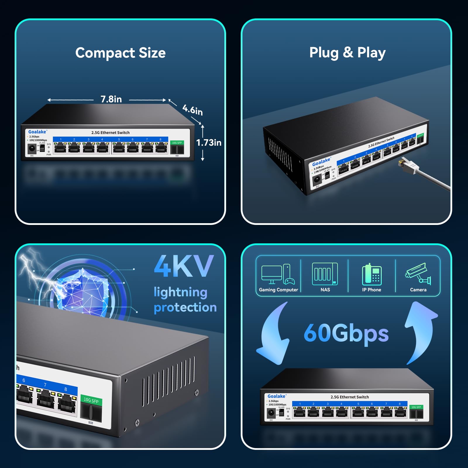 Goalake Umanaged 8-portowy przełącznik 2,5G, 8 portów Base-T 2,5 G, 1 x 10G SFP+, pojemność przełączania 60 Gb/s, metal, bez wentylatora, przełącznik biurkowy 2,5 G Multi-Gigabit do bezprzewodowego AP