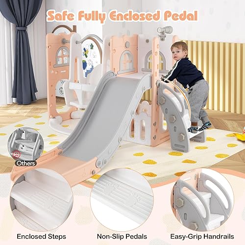 Miniatura 5 de Costzon Juego de columpio y tobogán 7 en 1, juego independiente para niños pequeños con columpio, aro de baloncesto, tobogán para niños pequeños de