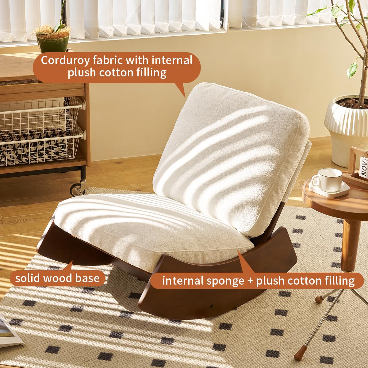 MFFM Comfortable Glider Rocking Chair, Upholstery Glider Chair, Solid Wood Frame, Perfect for Multiple Settings Accent Reading Chair for Bedroom,Living Room,Nursery (White)