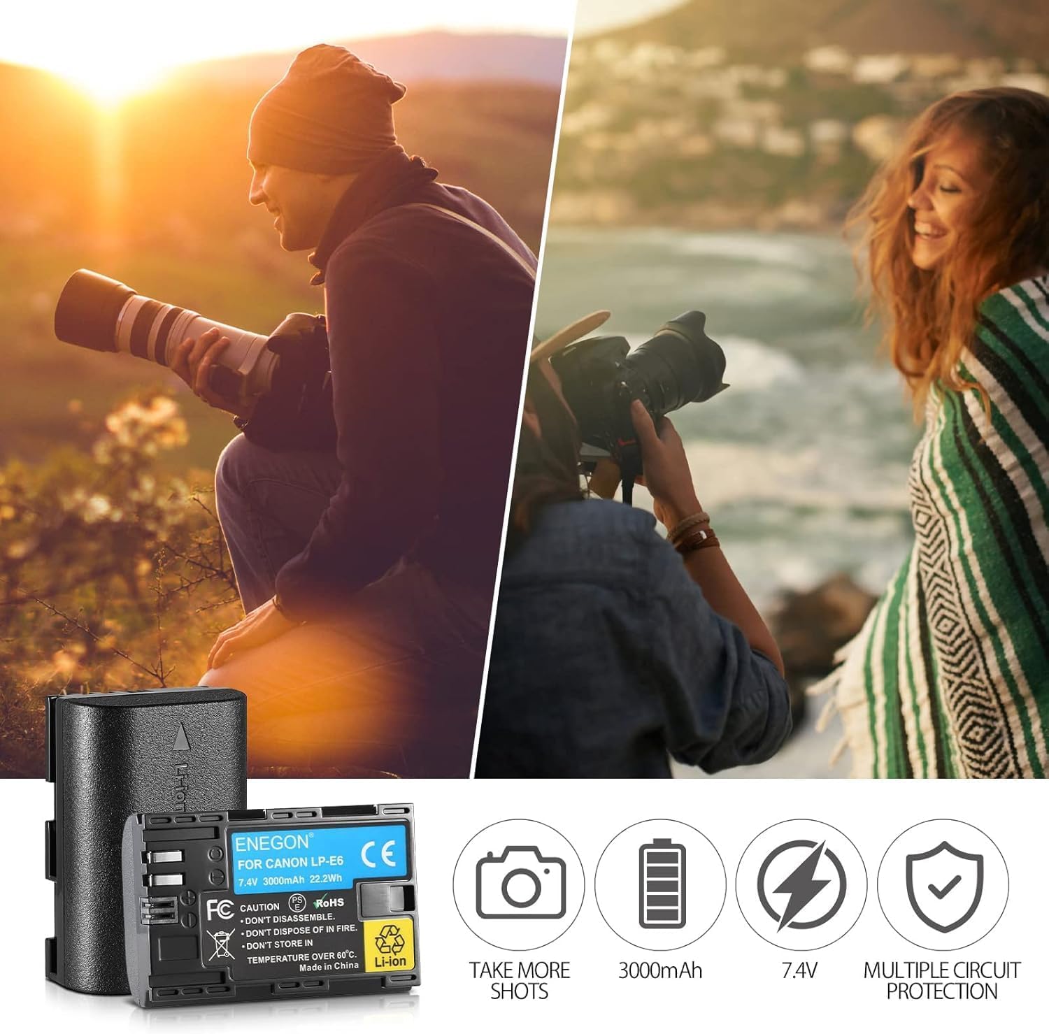 ENEGON 2X LP-E6 LP-E6N Batterie 3000mAh Li-ION Compatible avec Les appareils Photo numériques EOS 5D Mark II, DS Mark III, 5D Mark IV, 5DS, 5DS R, 6D, 7D, 7D Mark II, 7D Mark III, 80D, 70D, 60D