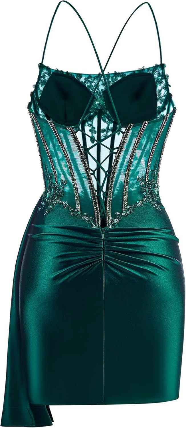 Rjer Satin Homecoming Dresses 2025 Short Lace Mermaid Bodycon Beaded Cocktail Party Dress - Image 3