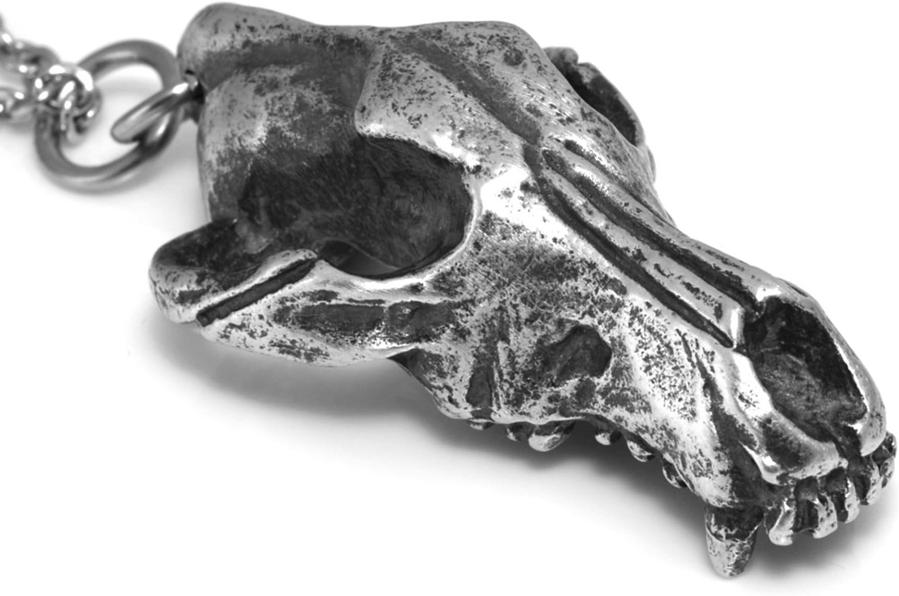 Antiqued Metal Wolf Skull Necklace Animal Jewelry in Pewter