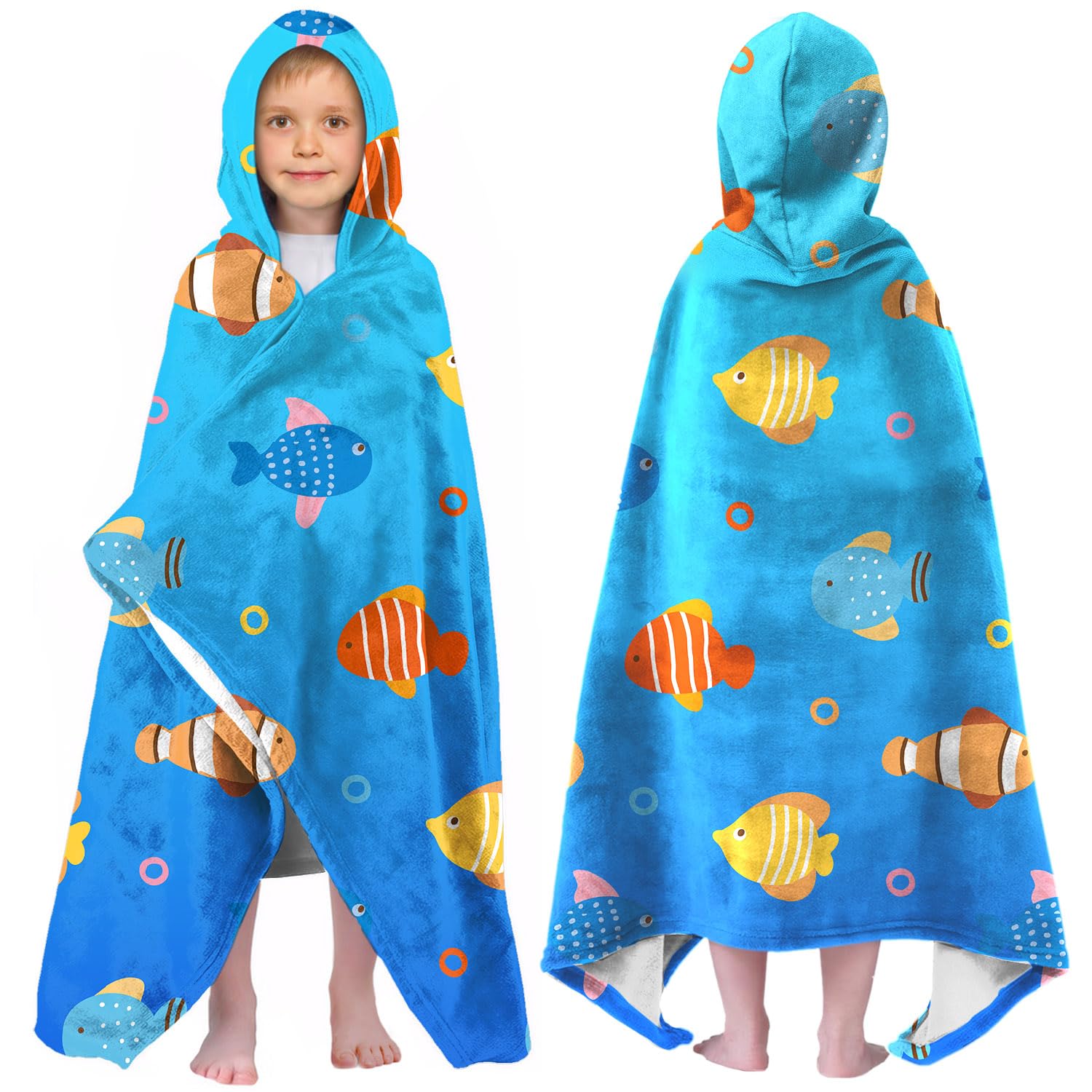 Shark Boys Beach Towel with Hoodie for Kids Toddlers Age 4-8,Shark Blue Bath Towels Shower Wrap for Boys, Hooded Poncho Beach Blanket for Pool Swimming Cute Wearable Bath Towel for Child