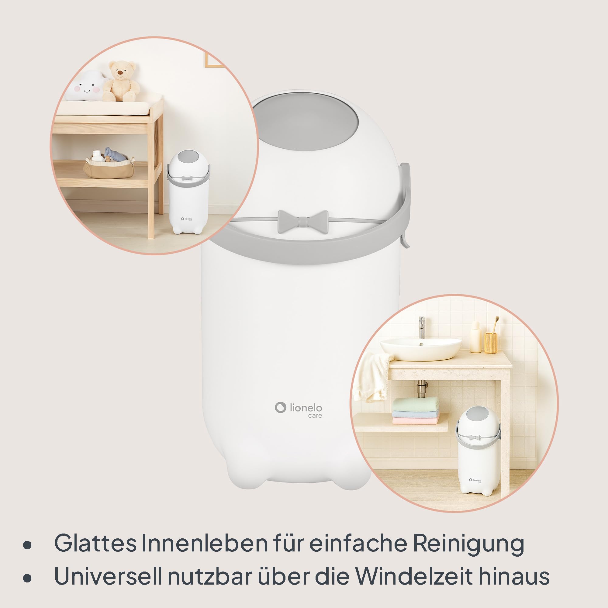 Lionelo Purebin – Windeleimer geruchsdicht, für universelle Beutel (ohne Kassette), Einhand-Bedienung, 10 L – hygienischer Windelbehälter für Babyzimmer