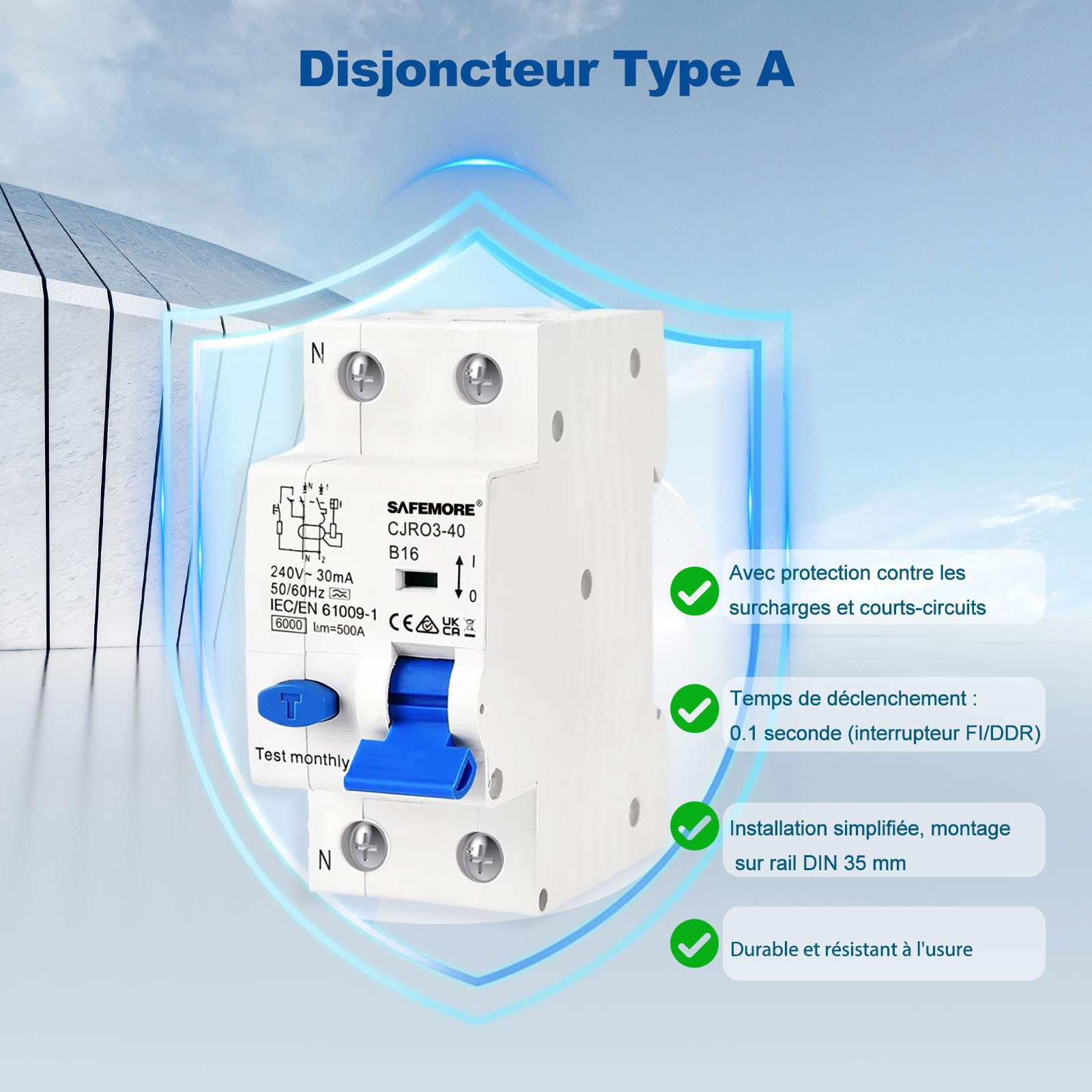 Disjoncteur Différentiel RCBO 16A 1P+N - Type A 30mA Courbe B - Protection 6kA - Interrupteur FI Électromagnétique - Interrupteur Différentiel Haute Sensibilité B16- Pour Circuit